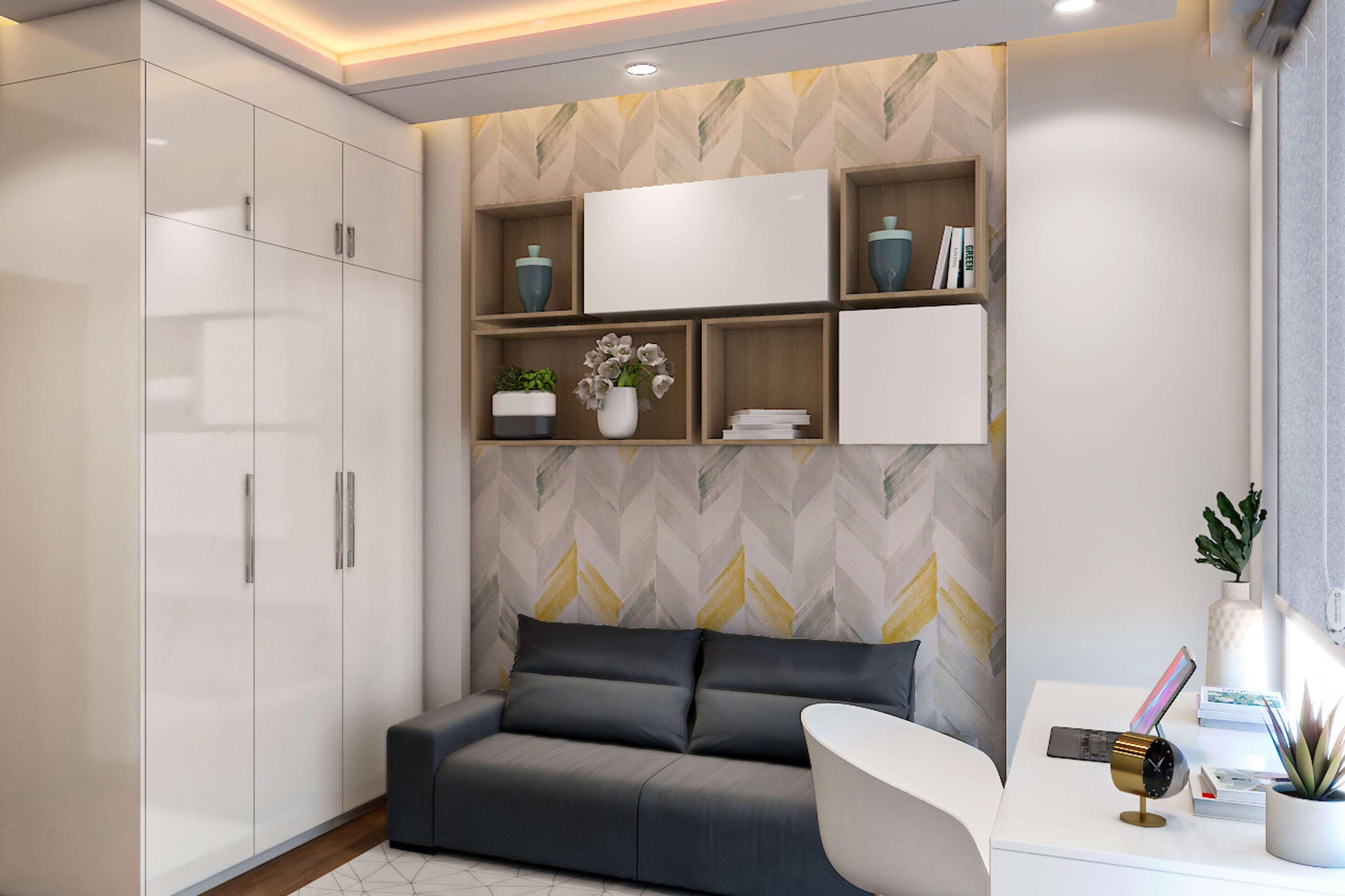 Space-Saving Design For Home Office With White Study Table, 2-Door Swing Wardrobe, Black Sofa And Wall-Mounted Open And Closed Storage - Livspace