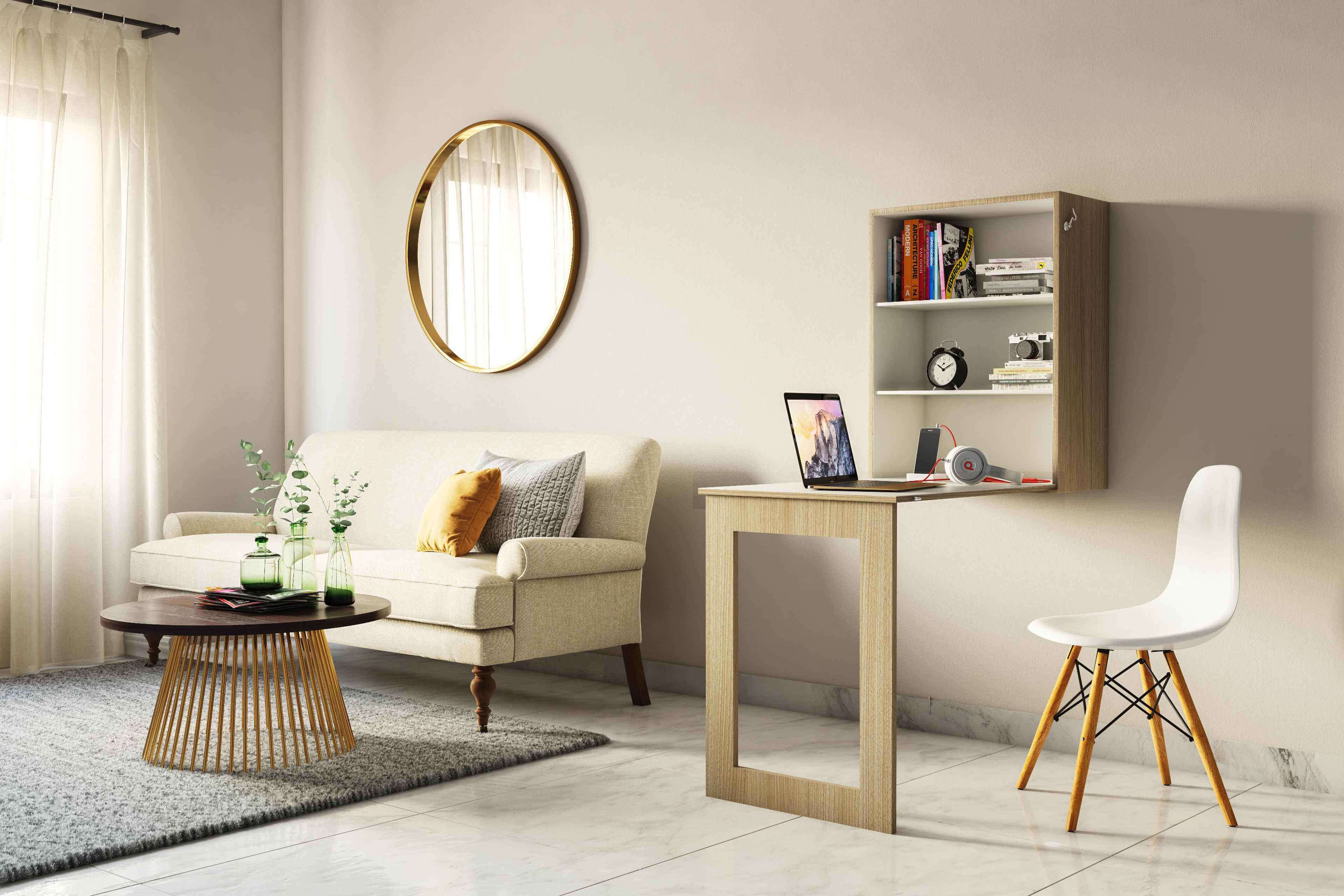 Space-saving cream-toned living room design integrated with wooden study table and white accent chair - Livspace