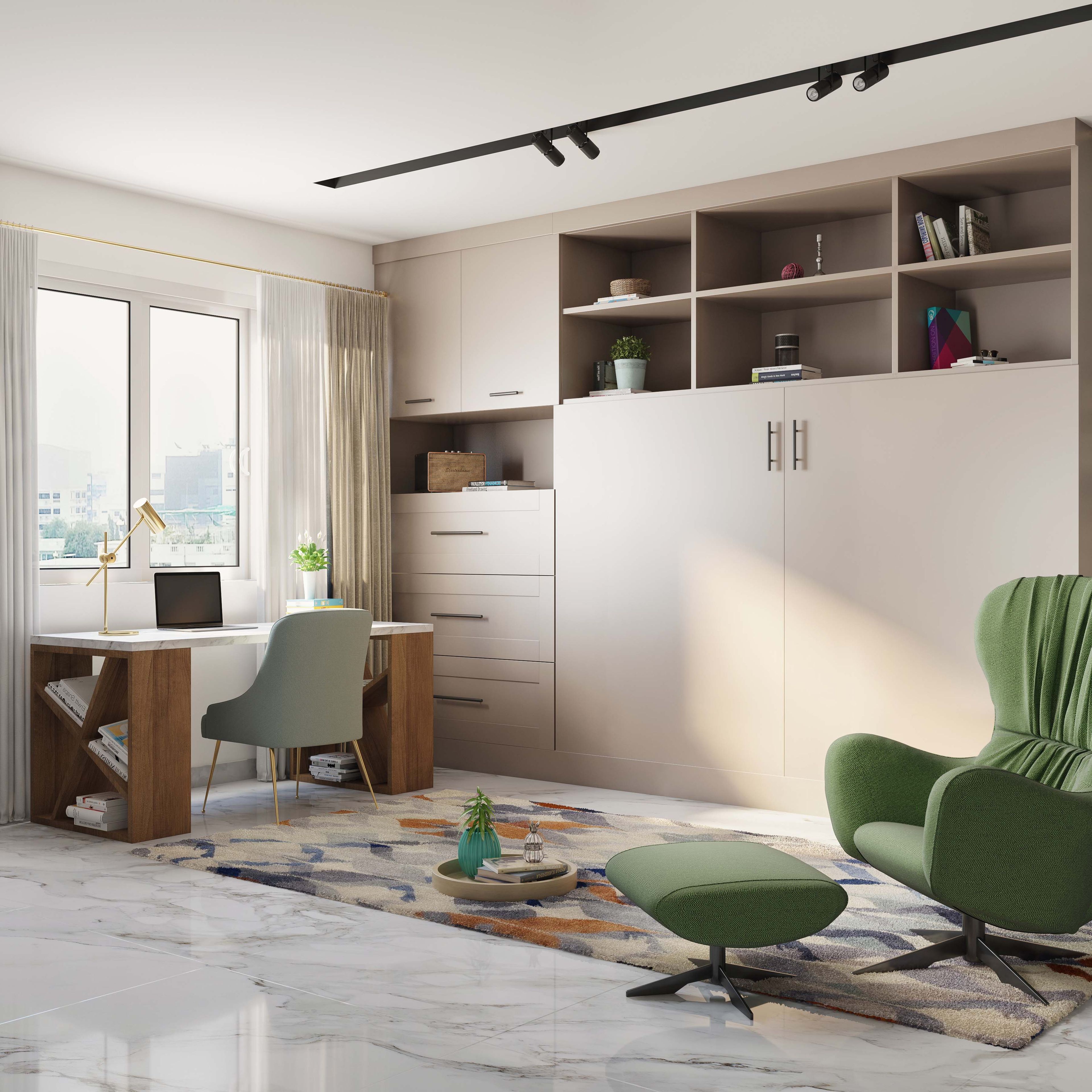 Spacious Space-Saving Bedroom Design With Beige Storage And Murphy Bed, Green Accent Chair And Integrated Wood And White Study Table - Livspace