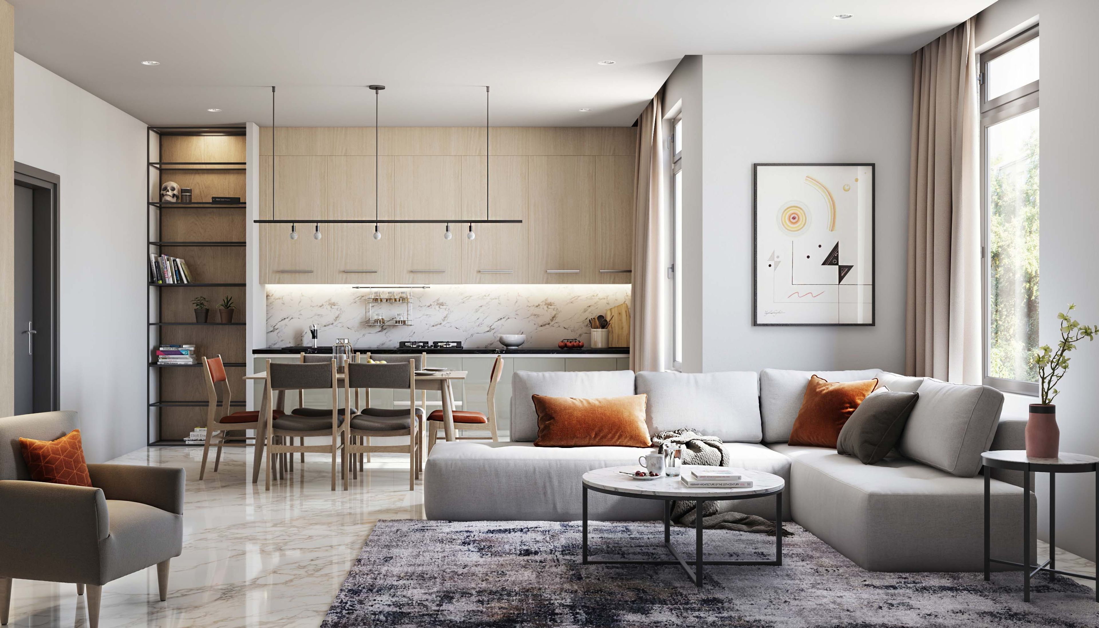 Grey Space-Saving Living Room Design With 6-Seater Wooden Dining Table And Open Straight Kitchen Design With White And Wood Cabinets - Livspace