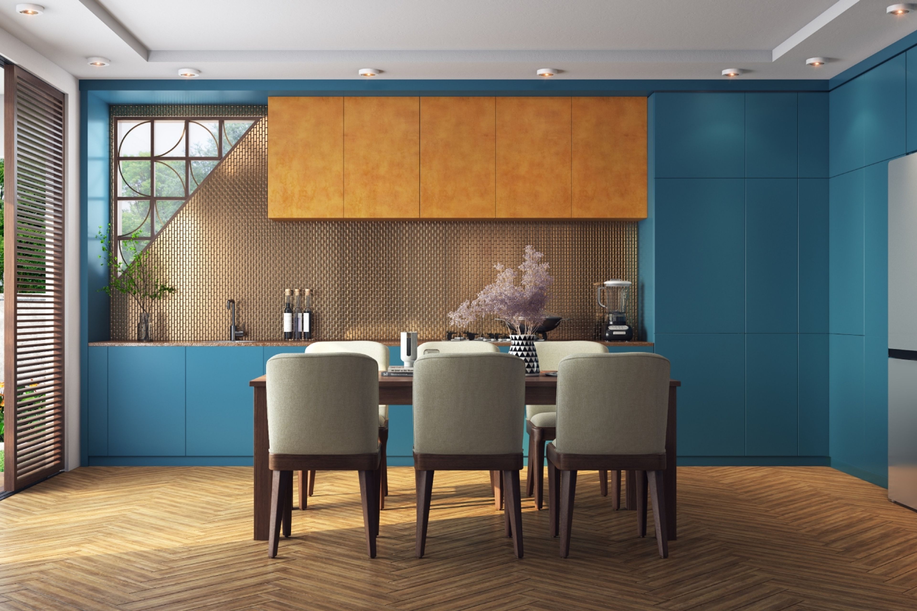 Space-Saving Kitchen Ideas With Blue L Shaped Kitchen, 6-Seater Beige And Wood Dining Table And Wooden Herringbone Flooring - Livspace