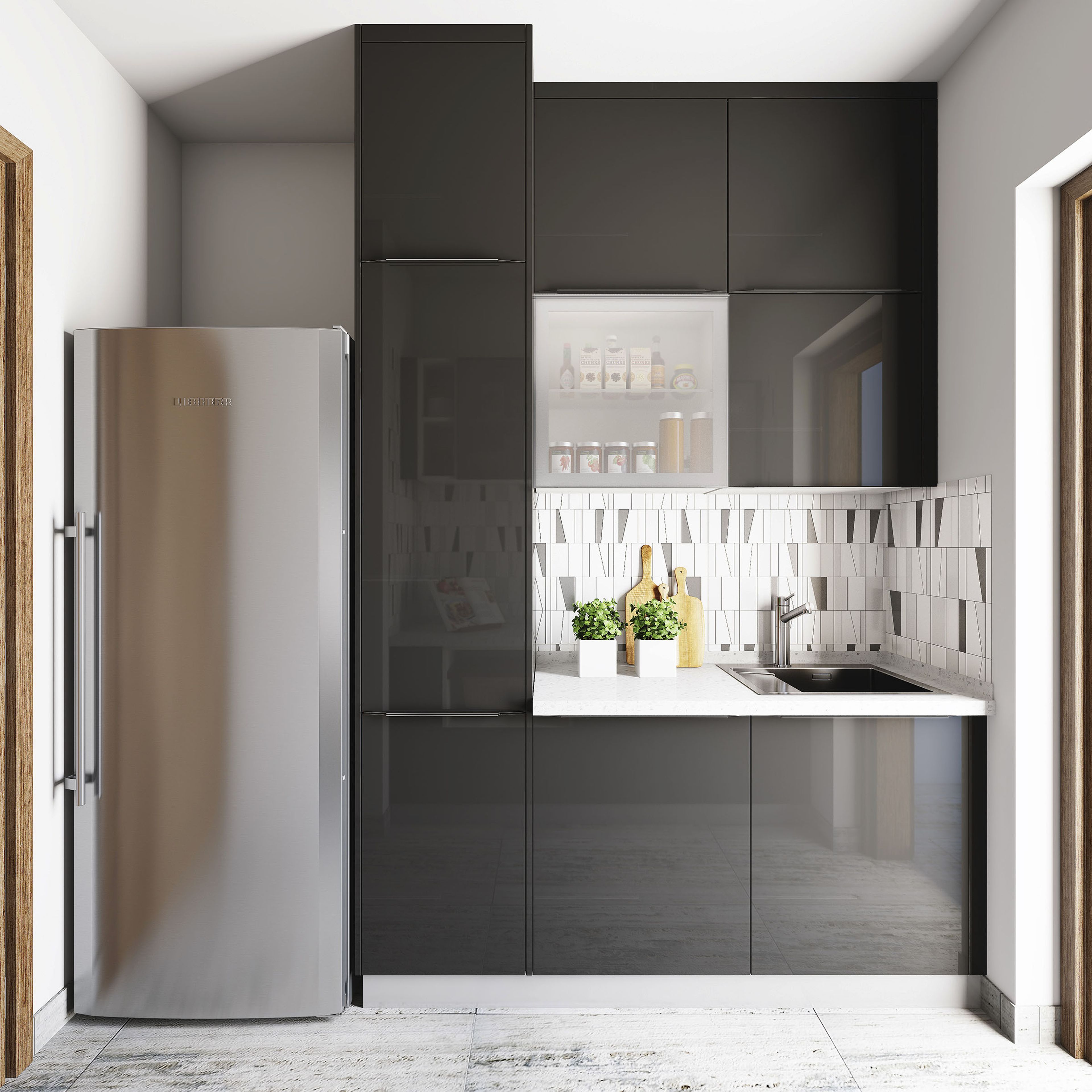 Grey And White Geometric-Abstract Stacked Kitchen Tile Design With Dark Grey Glossy Cabinets And Refrigerator - Livspace