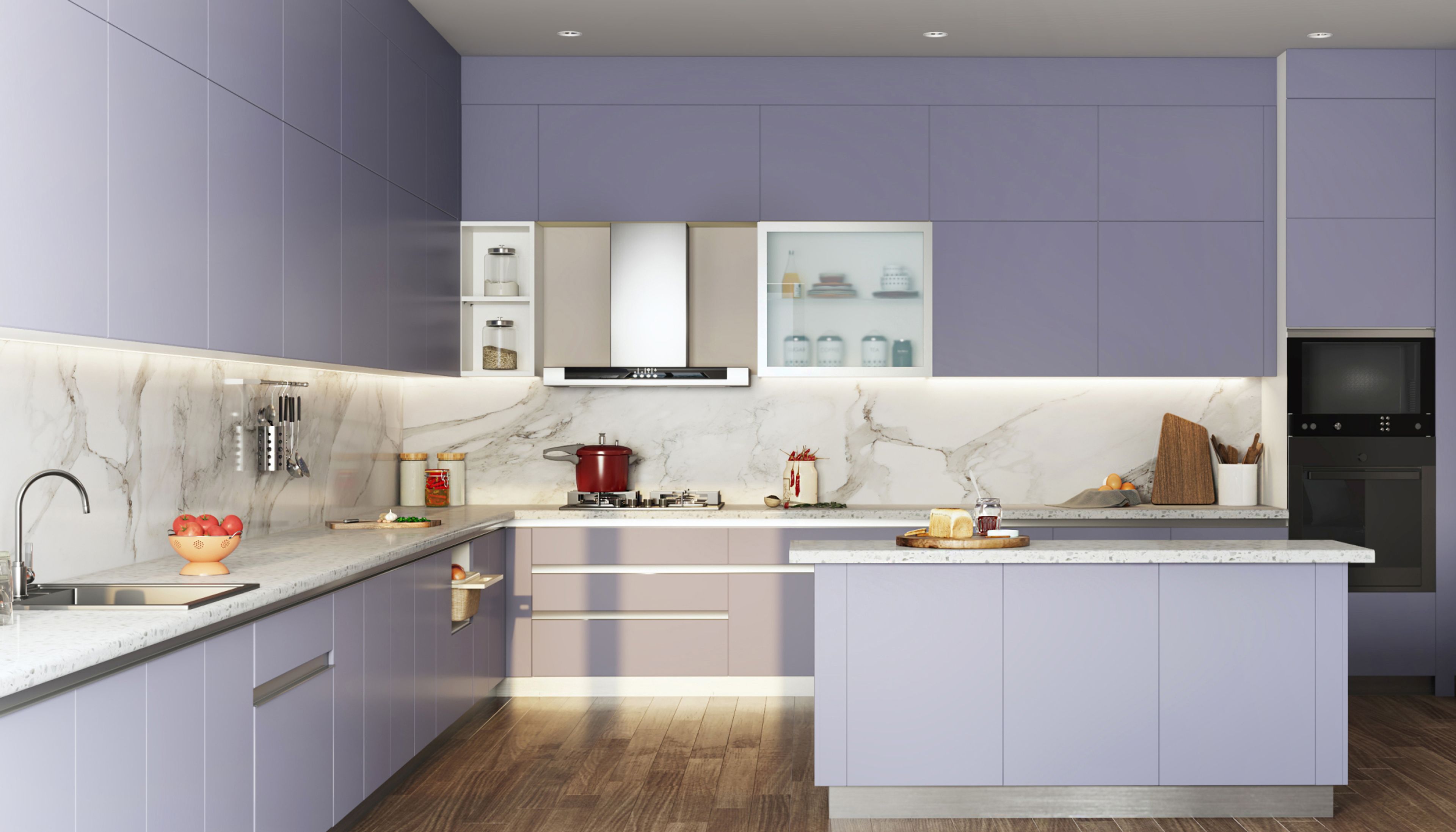 Seamless Marble White And Grey Kitchen Tiles With Lavender Kitchen Cabinets And Island - Livspace
