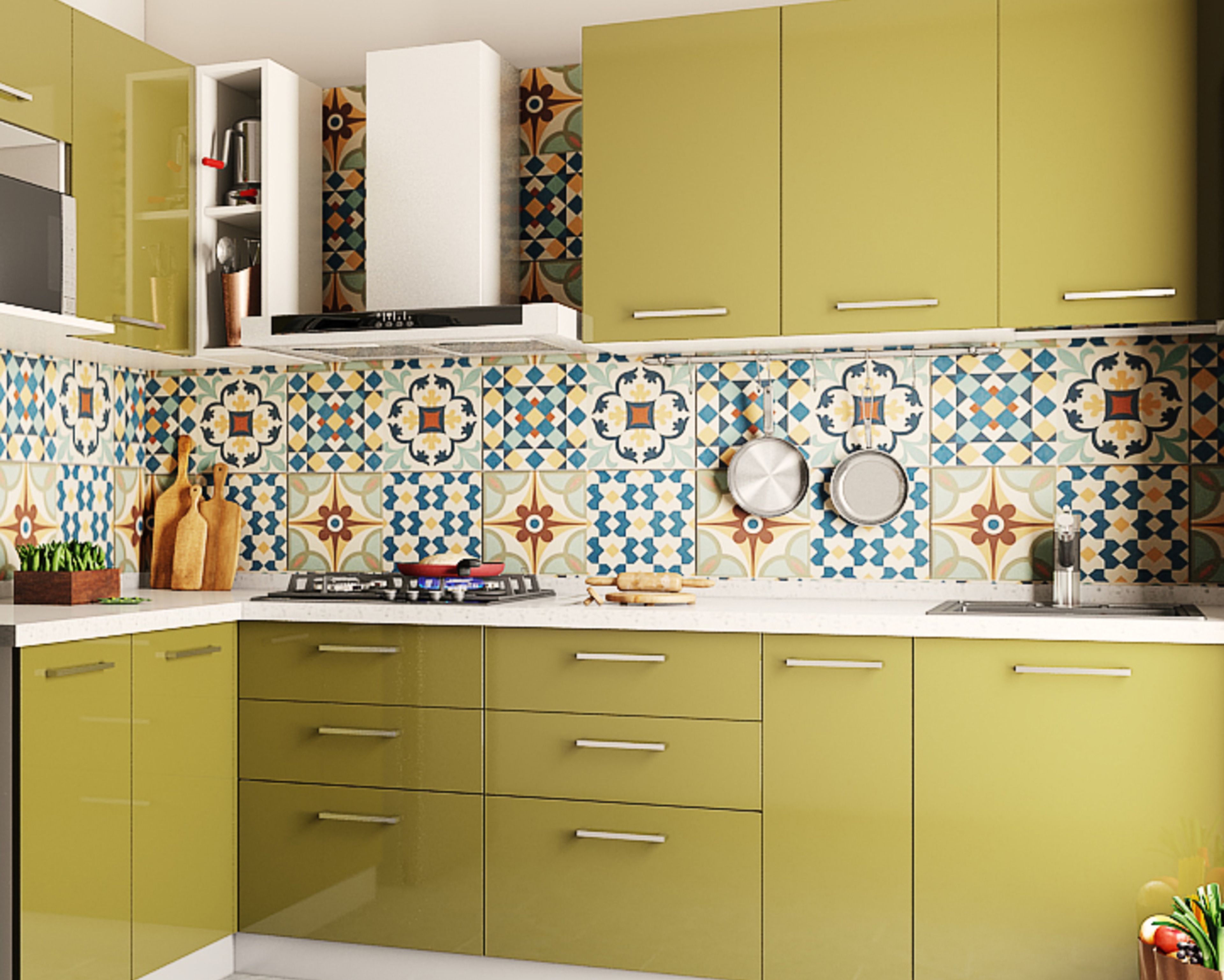 Modern Multicoloured Moroccan Kitchen Tiles Design With Olive Green Cabinets