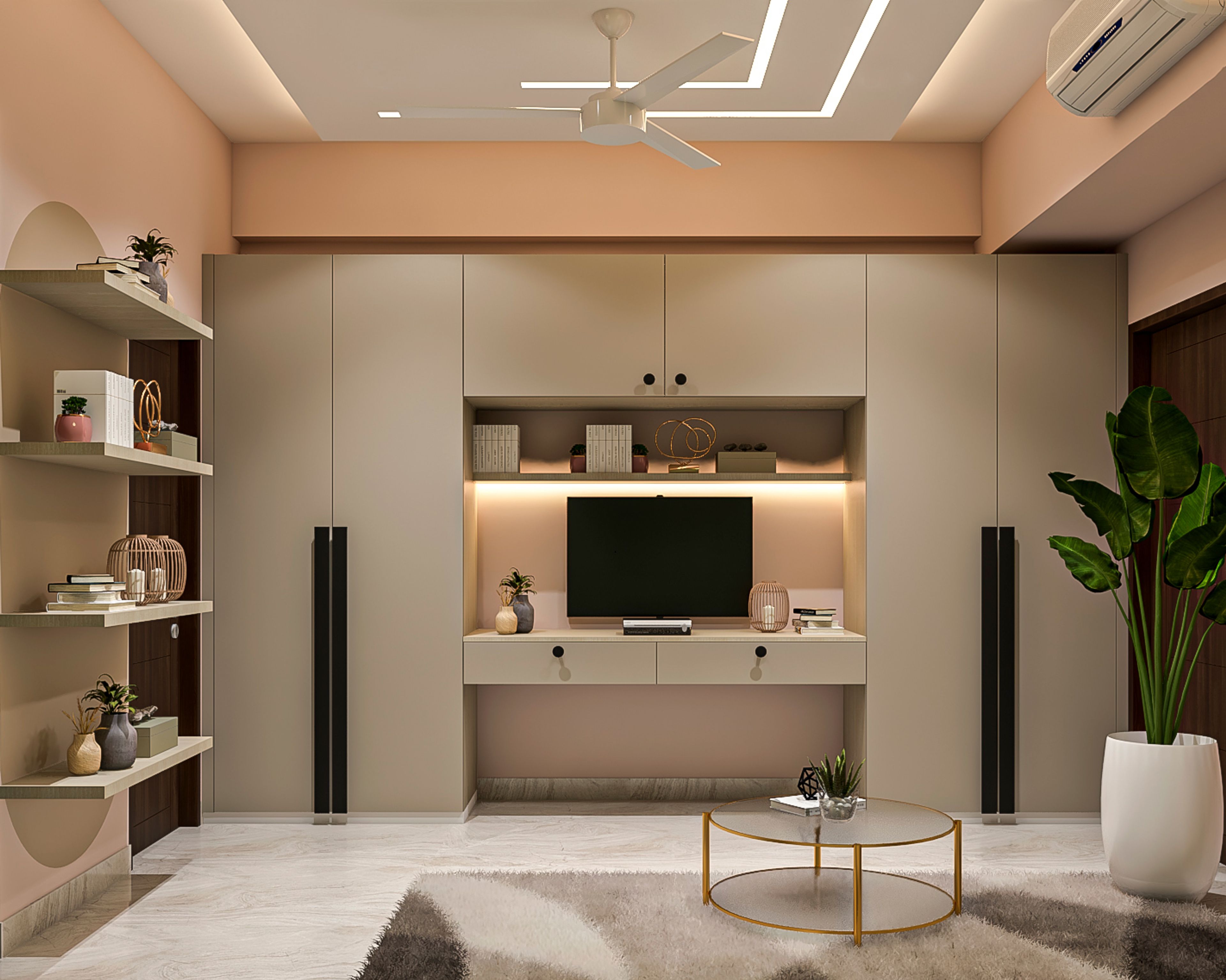 Contemporary Light Brown 4-Door Swing Wardrobe Design With Integrated Study Table