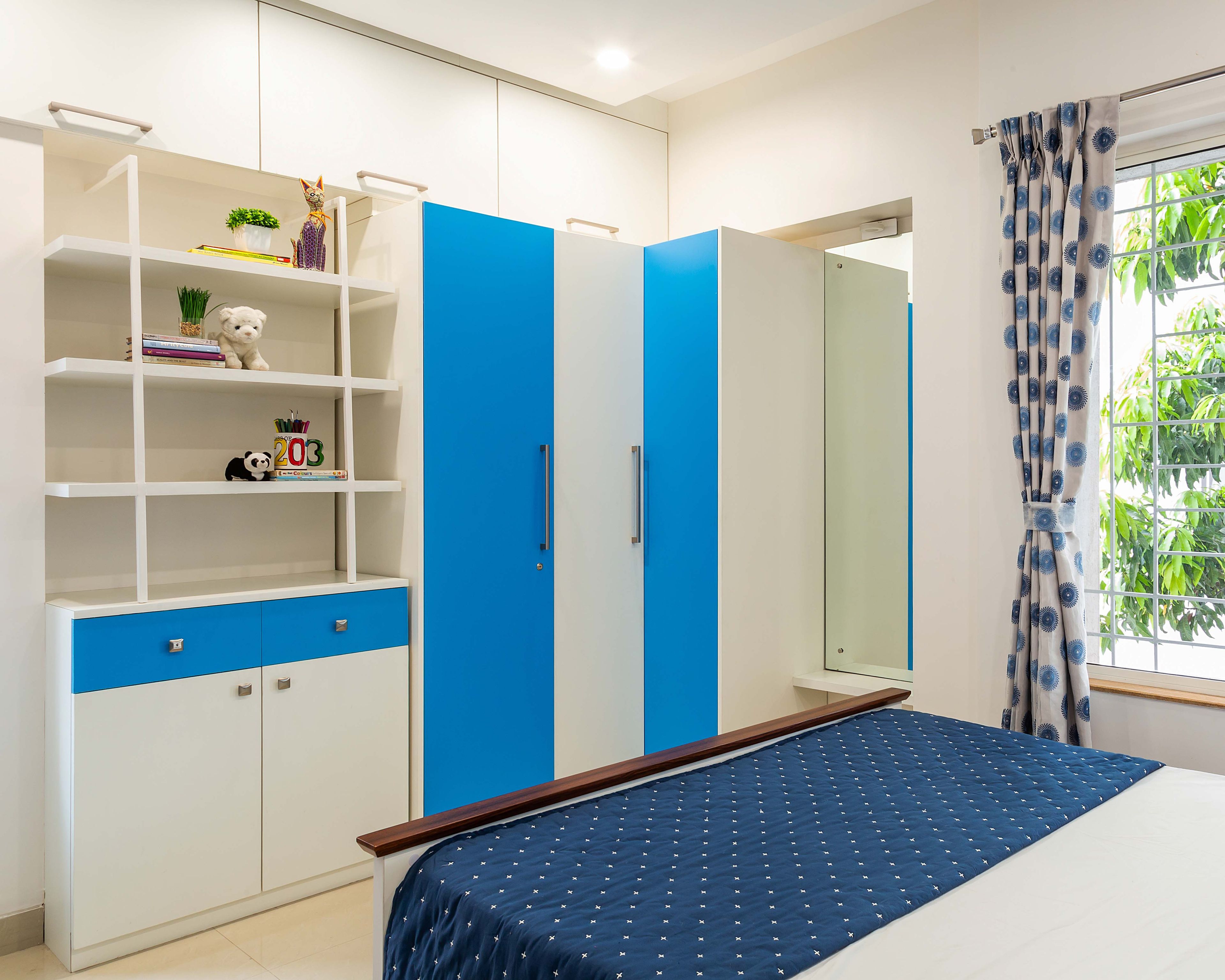 Contemporary 2-Door White And Blue Wardrobe Design With Stand-Alone Storage Unit