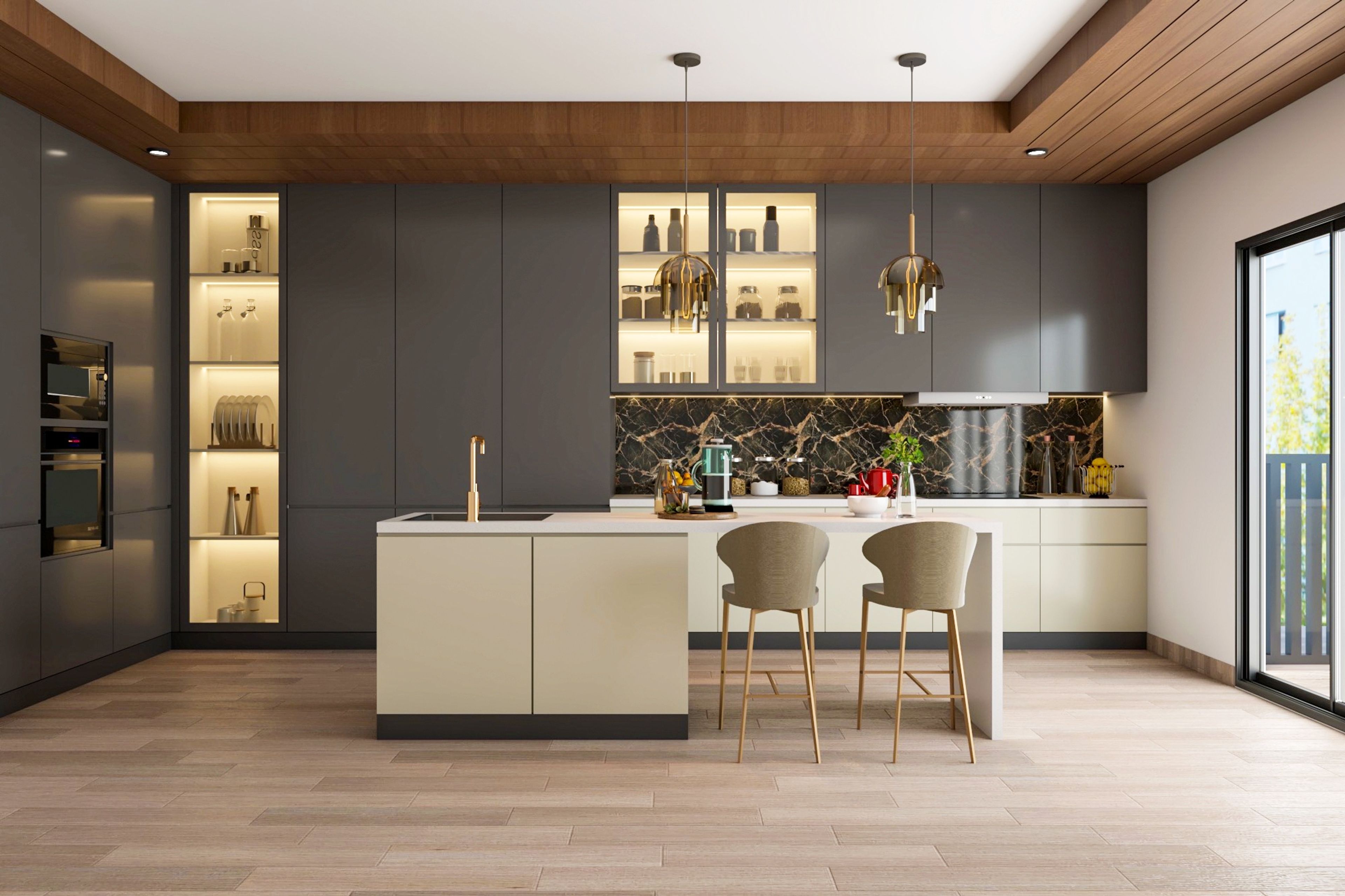 Wooden Peripheral Kitchen Ceiling Design With Hanging Lights And Spotlights - Livspace