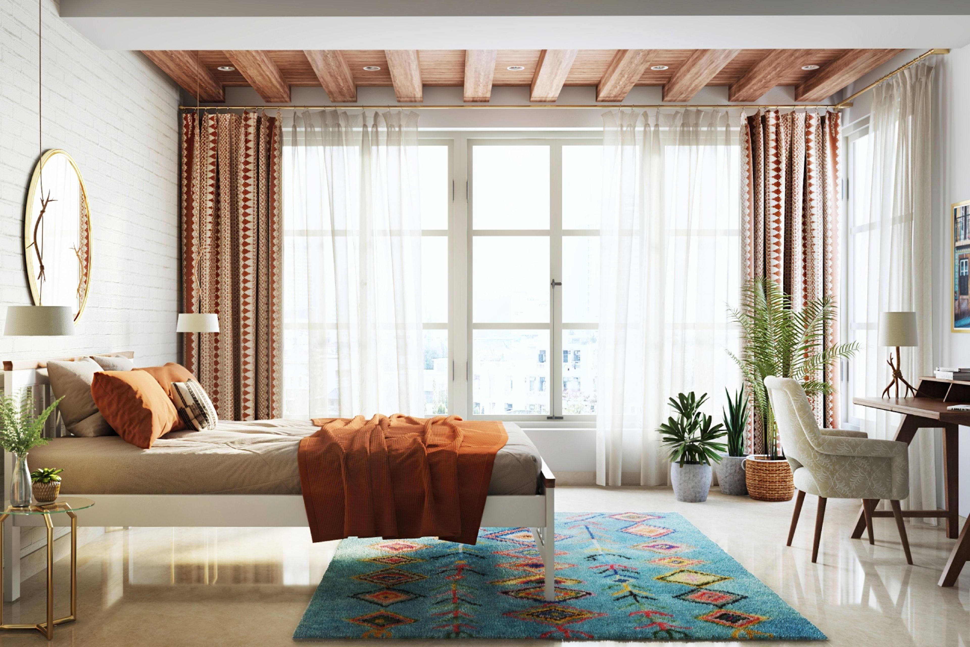 Bedroom False Ceiling Design With Wooden Panel And Beams - Livspace