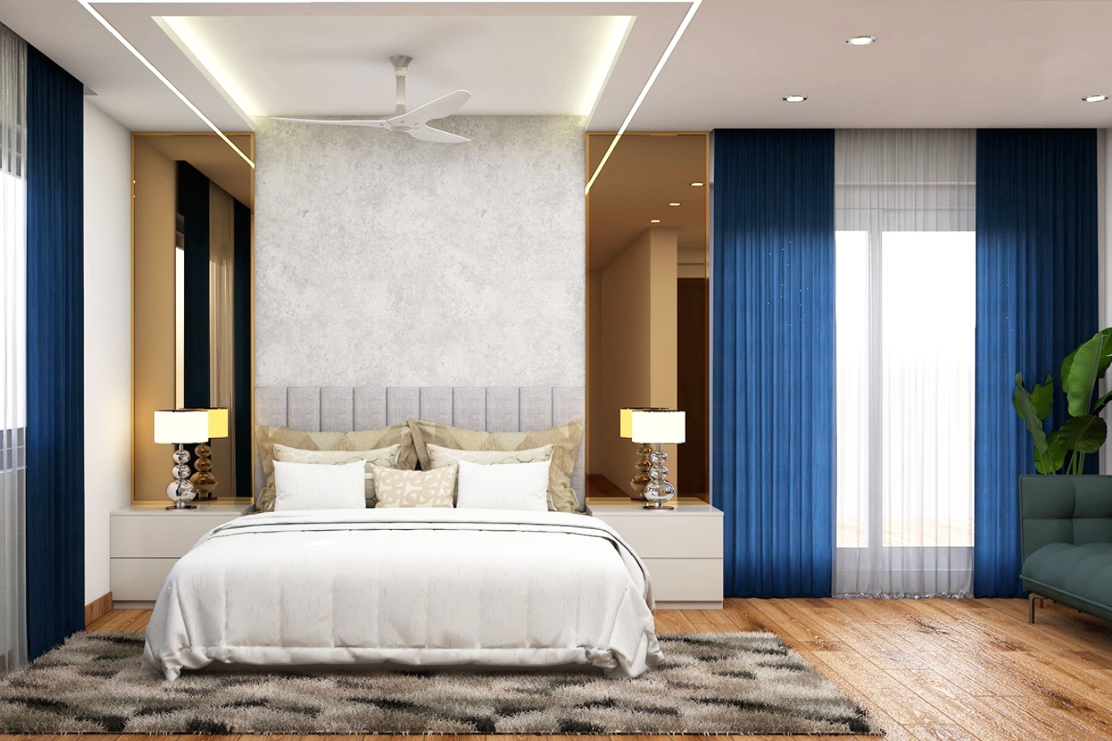 White Gypsum Doube-Layered Bedroom Ceiling Design With Cove Lights, Recessed Lights And Ceiling Lights - Livspace