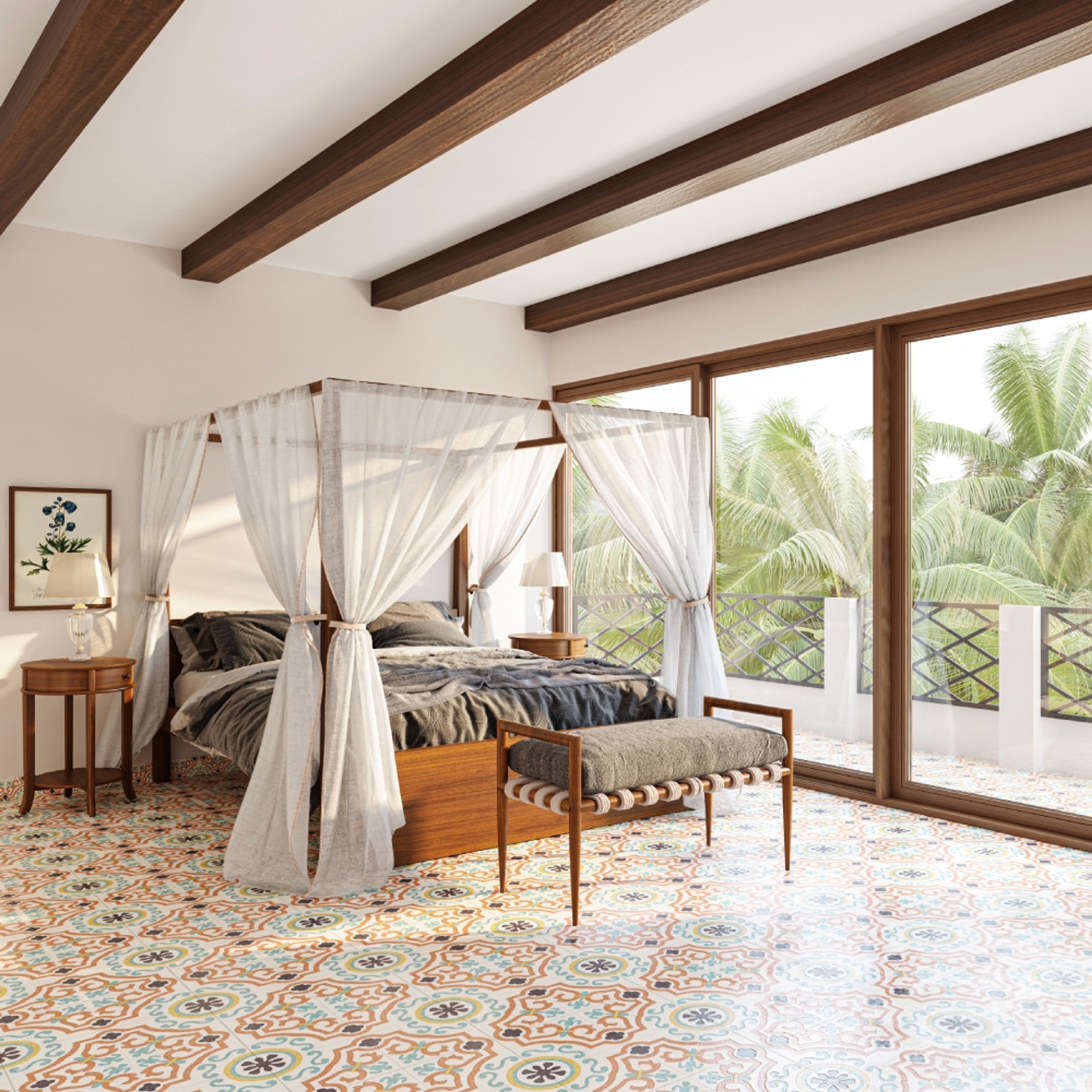 White And Wood Bedroom Ceiling Design With Wooden Beams - Livspace