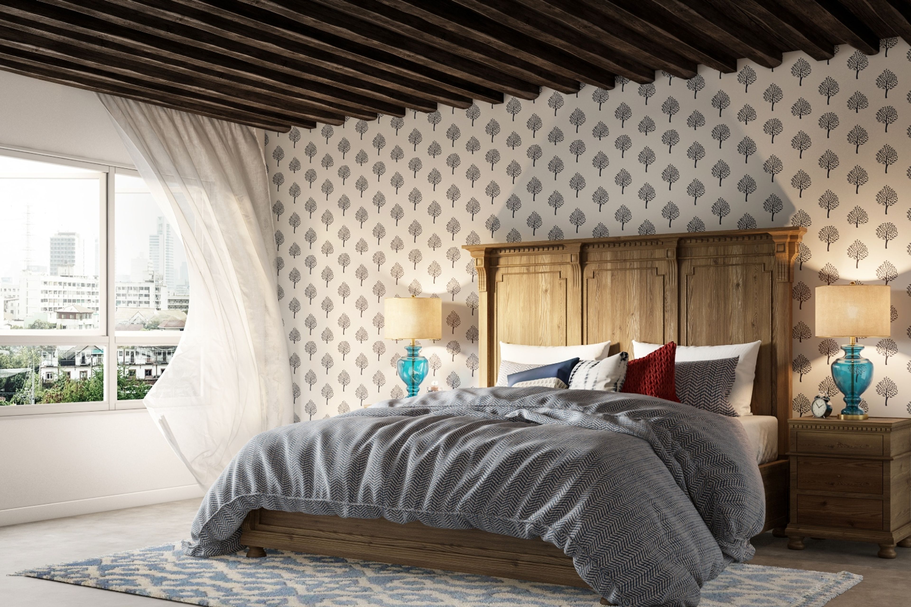 Traditional Indian False Ceiling Design For Bedroom With Wooden Panel And Beams - Livspace