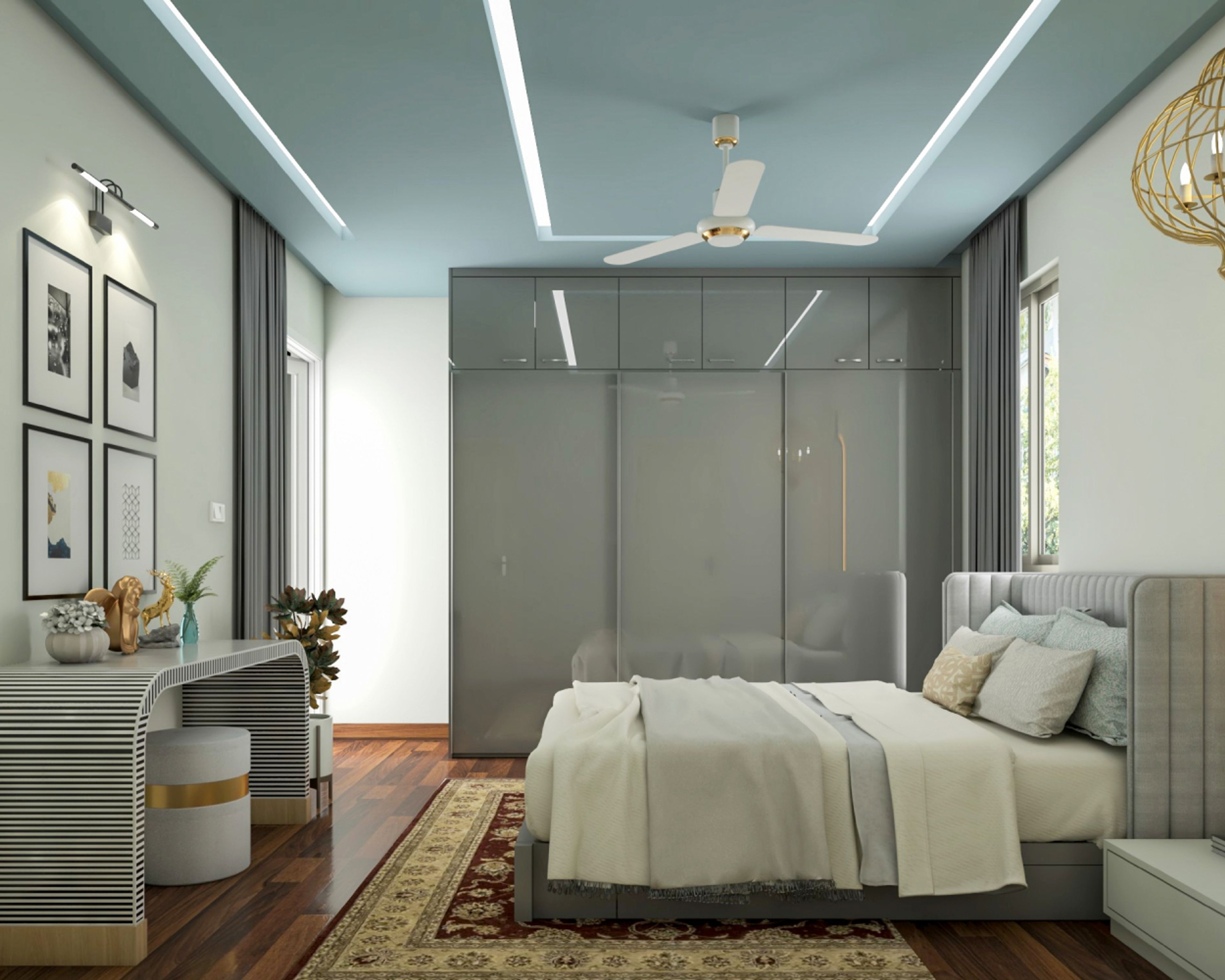 Single-Layered False Ceiling Design For Bedroom With Blue Panel And Cove Lights - Livspace