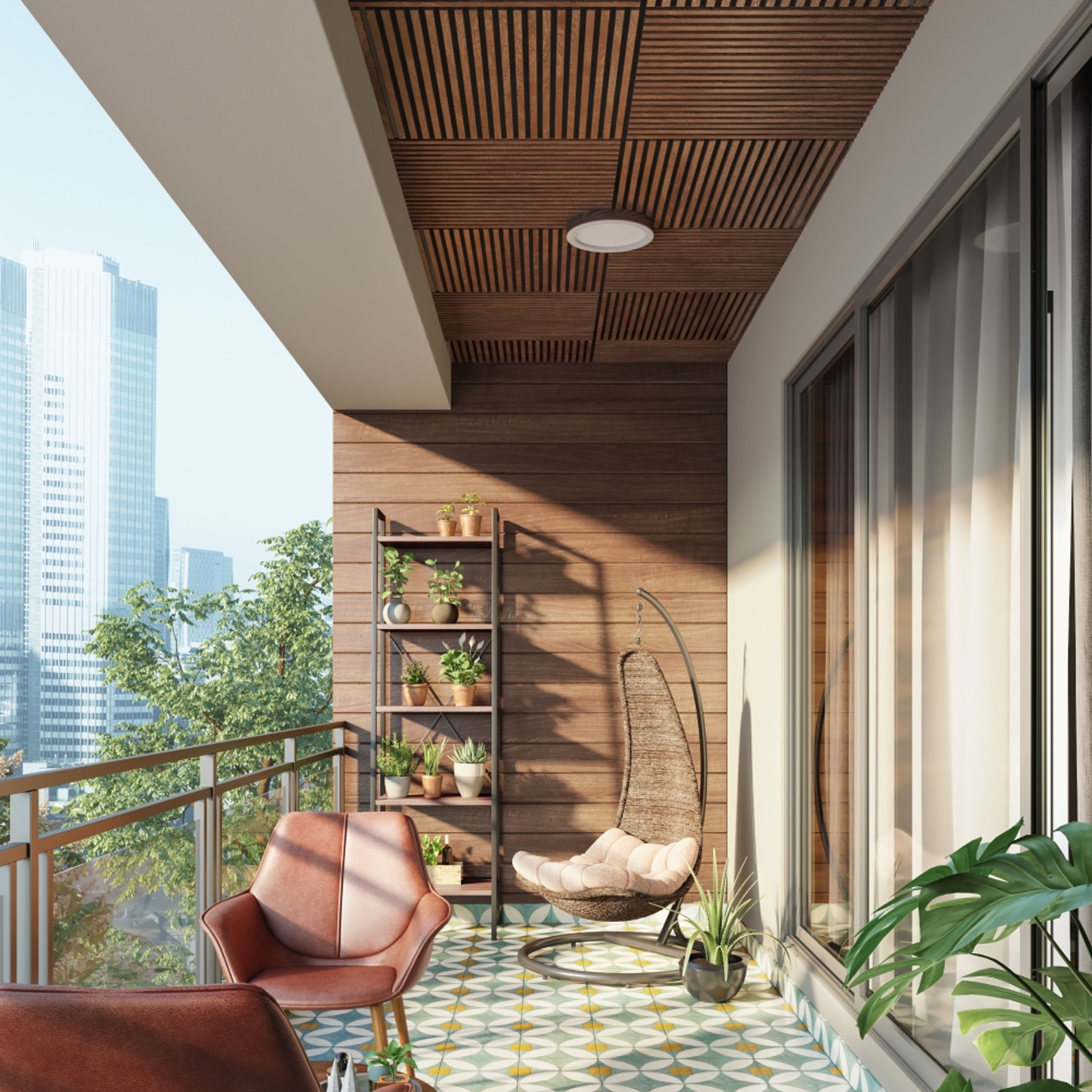 Tropical Balcony Wooden False Ceiling With Grooves