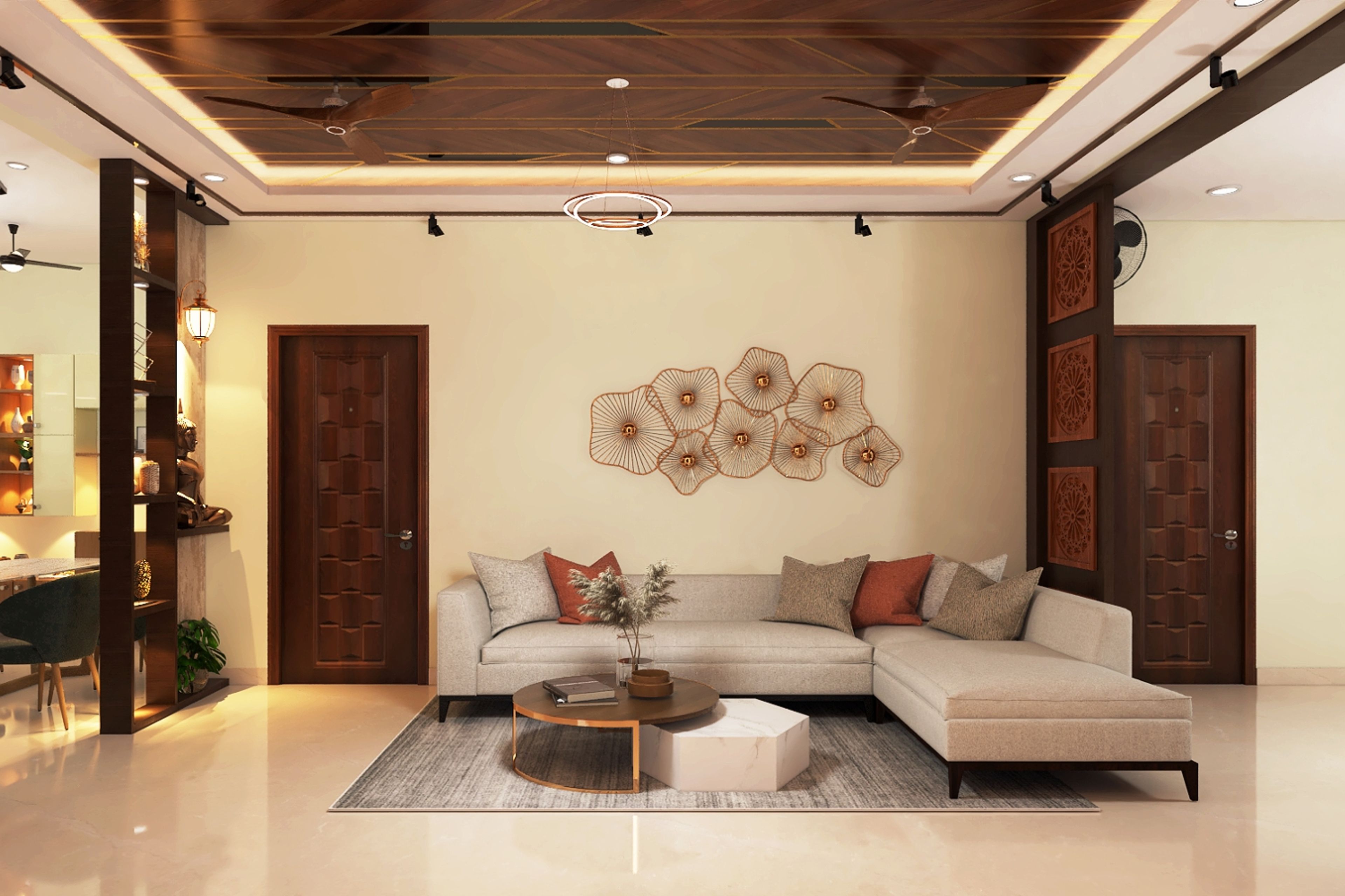 Wooden Peripheral False Ceiling Design With Black Panels For Living Room - Livspace