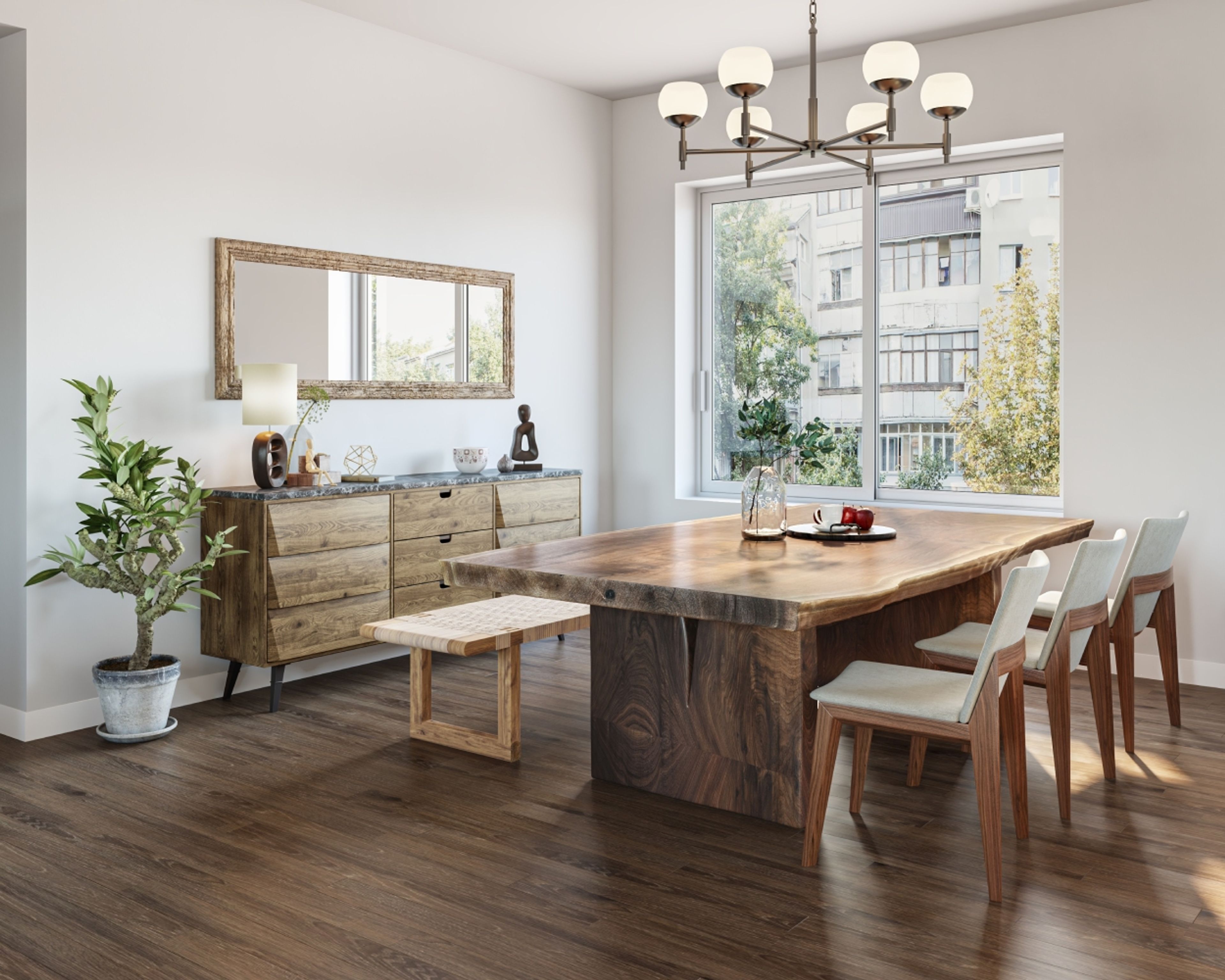 Rustic Dark Wood Dining Room Flooring Design - Livspace