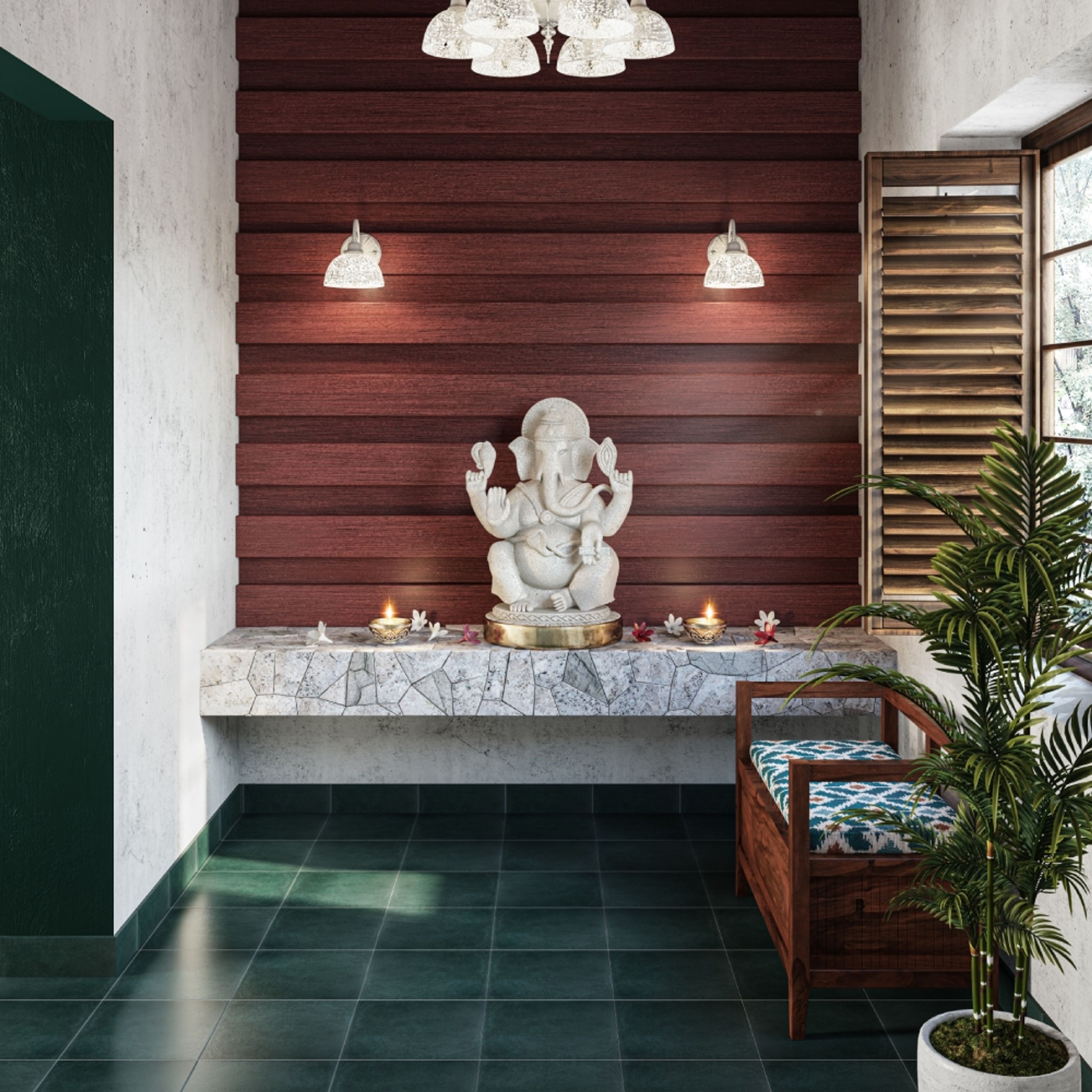 Square Ceramic Flooring Design In Dark Green - Livspace