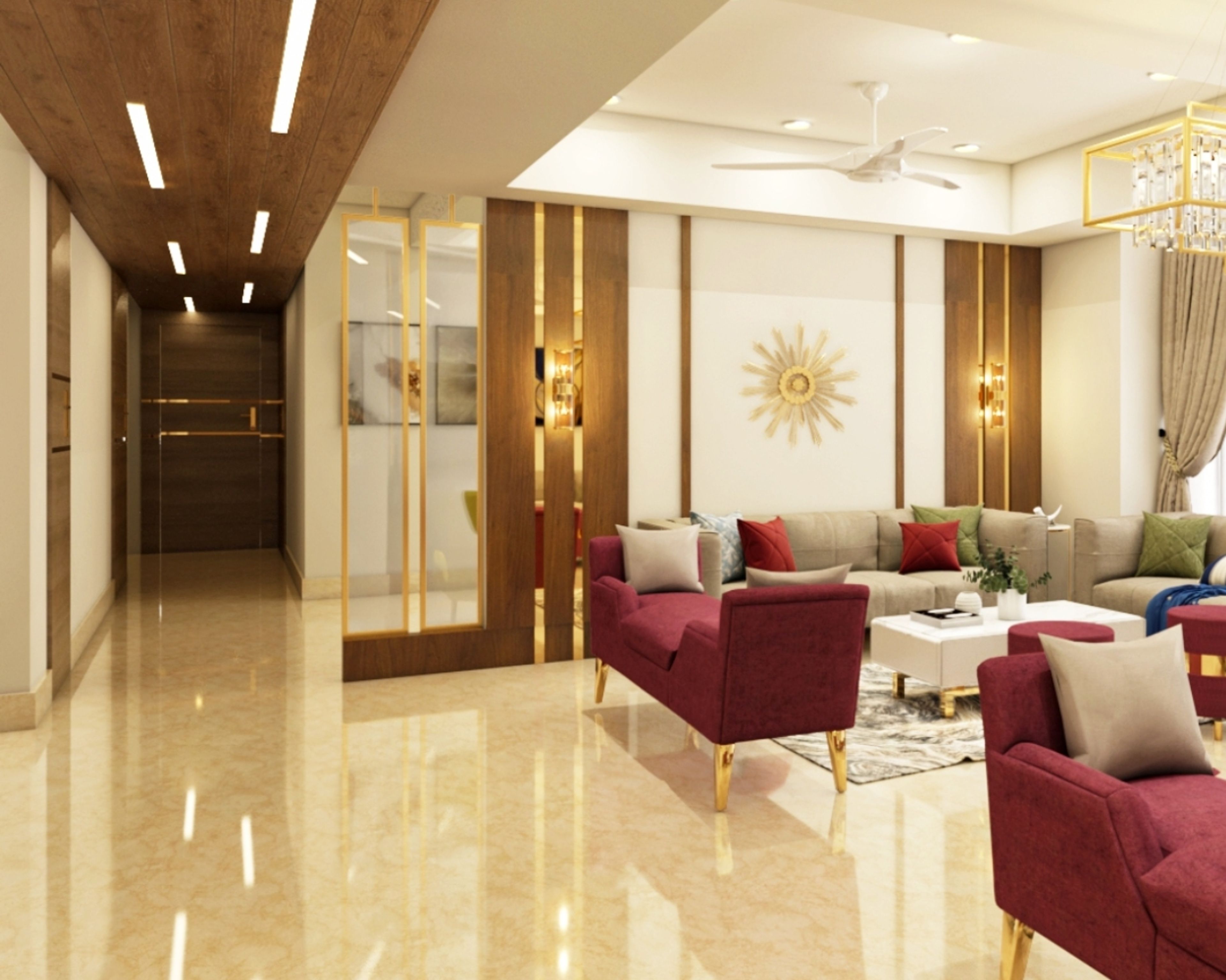 Contemporary Marble Beige High-Gloss Flooring Design For Hall - Livspace