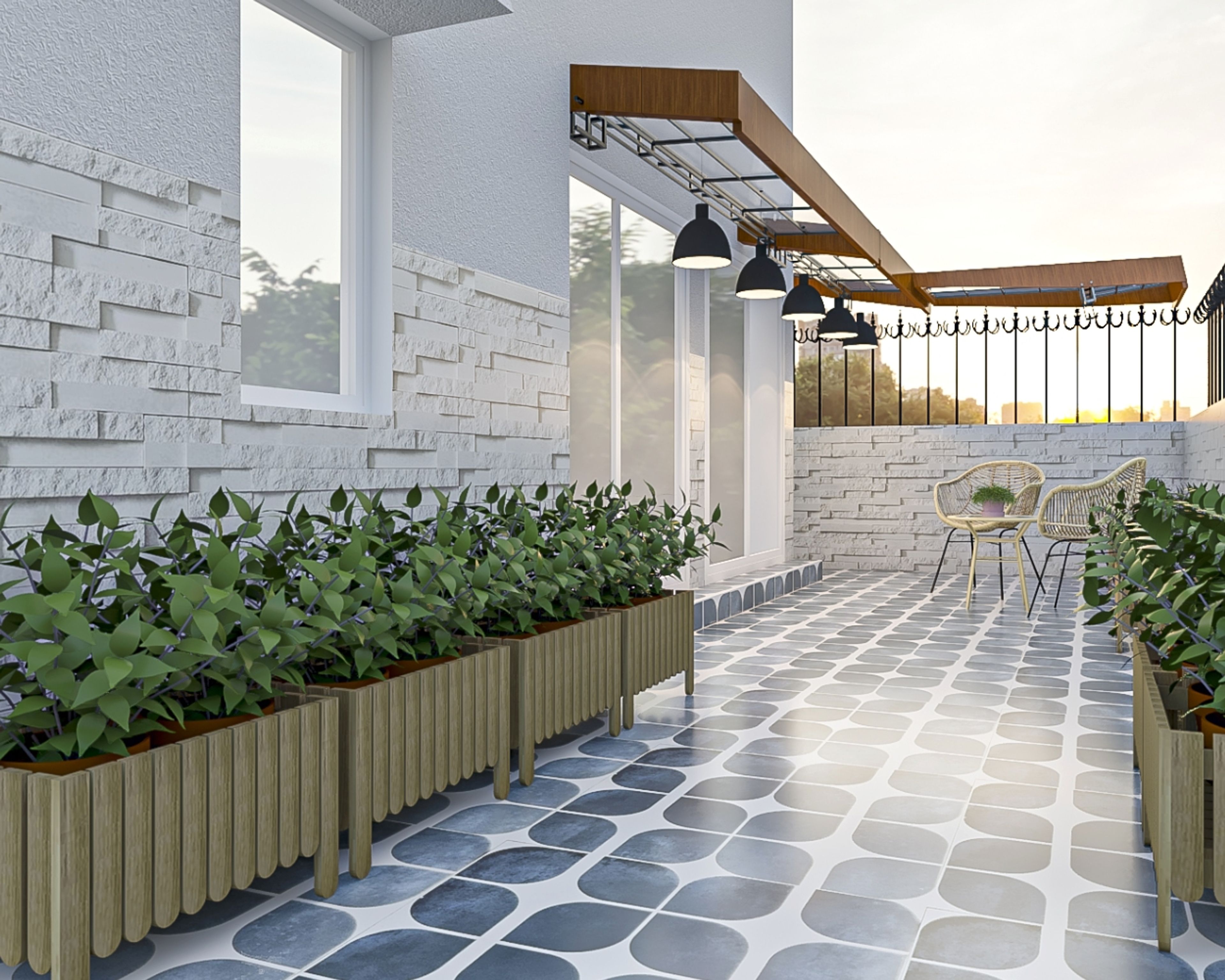 Coastal Outdoor Grey And White Square Flooring Design