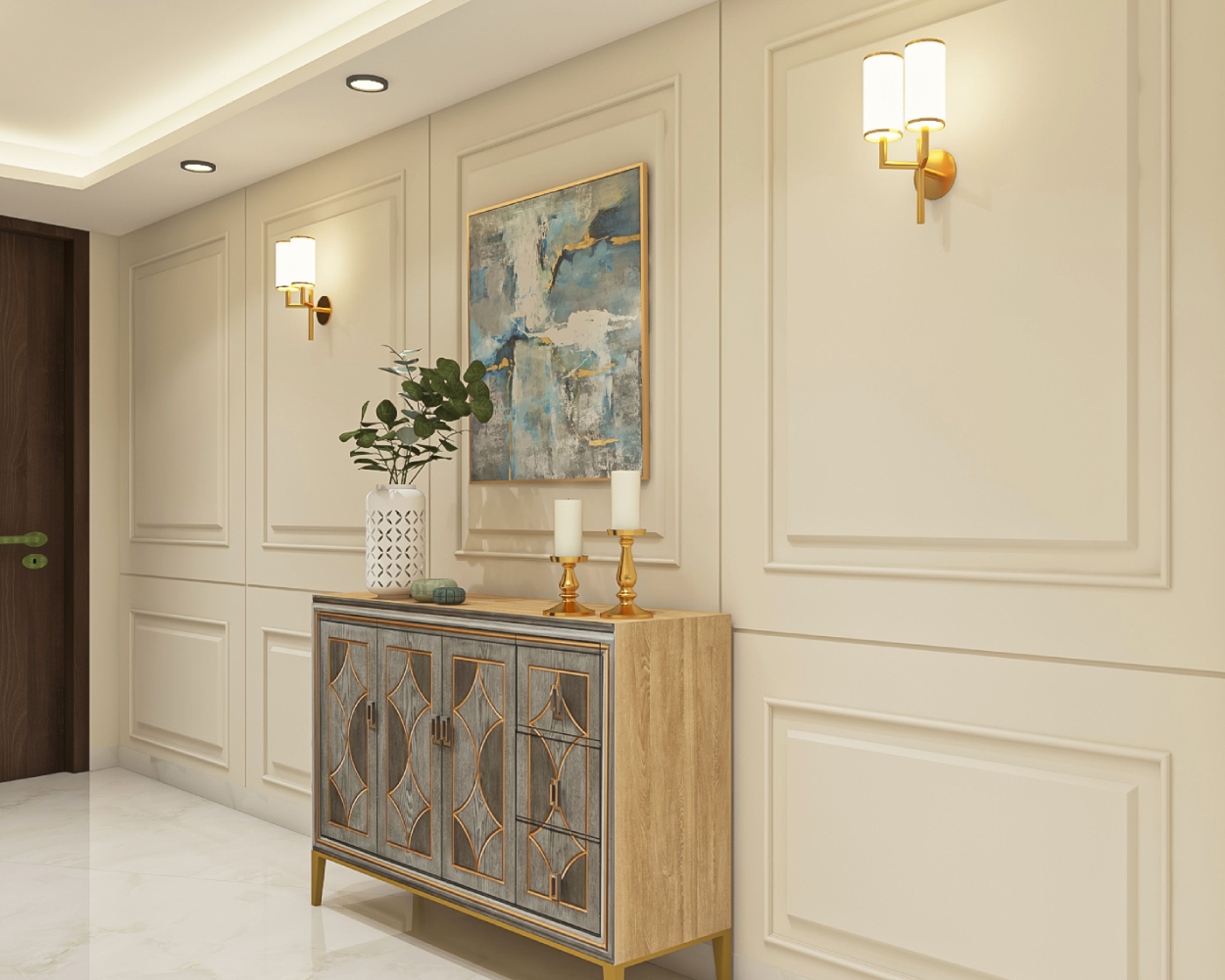 Contemporary Beige Foyer Design With Grey And White Storage Unit