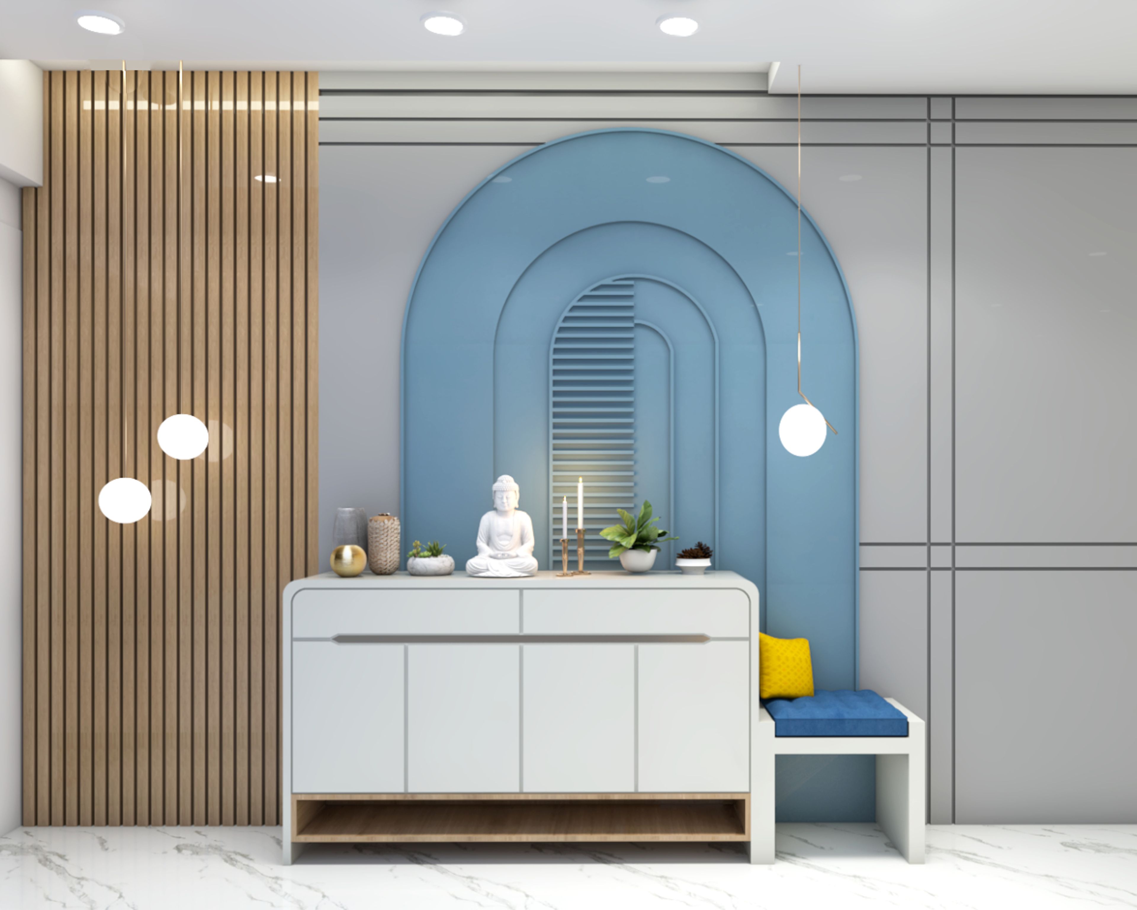 Art Deco Foyer Wall Design With Arched Blue Wall With Trims And Wooden Wall Panels - Livspace