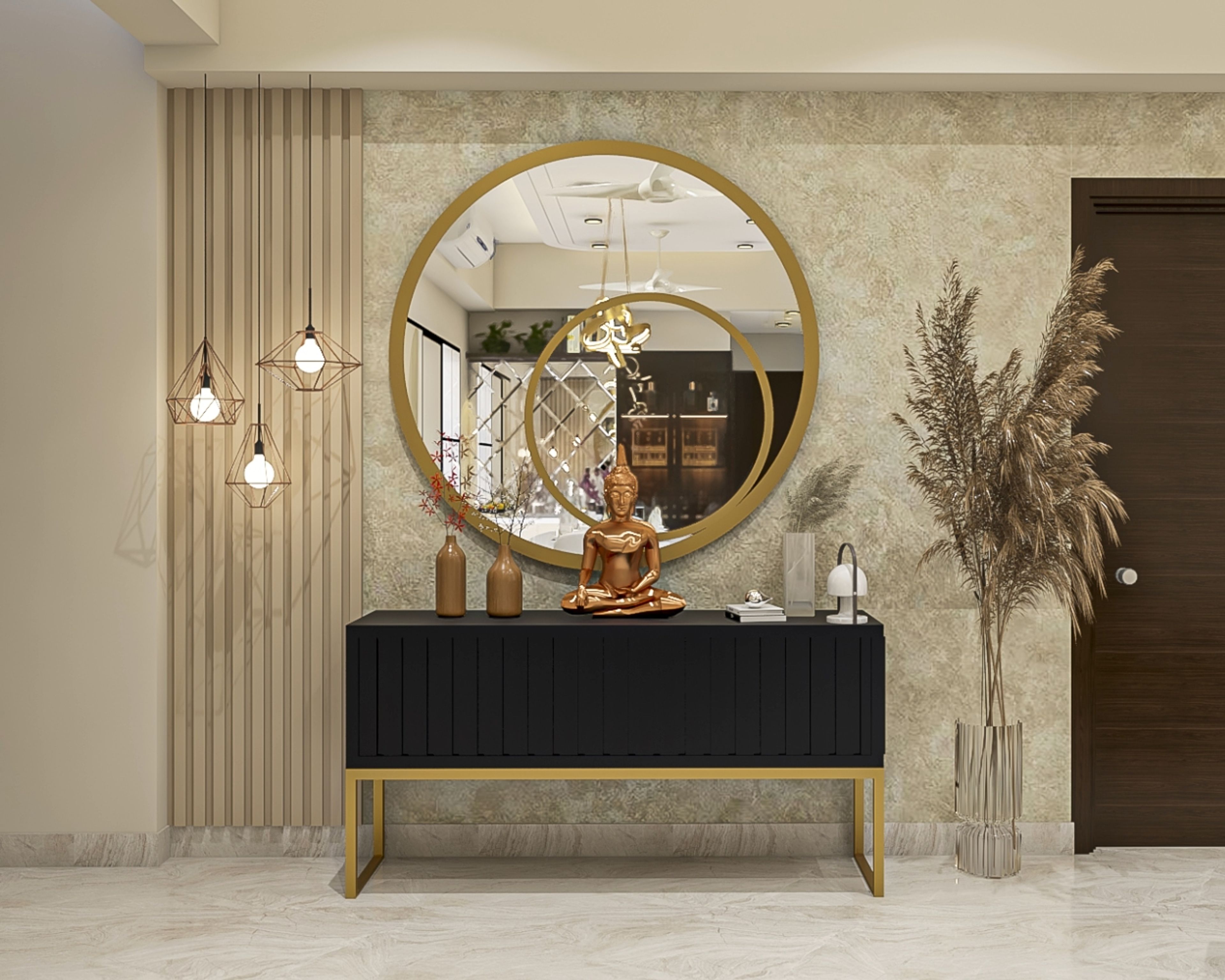 Contemporary Beige Foyer Design With Black Console Table And Round Mirror