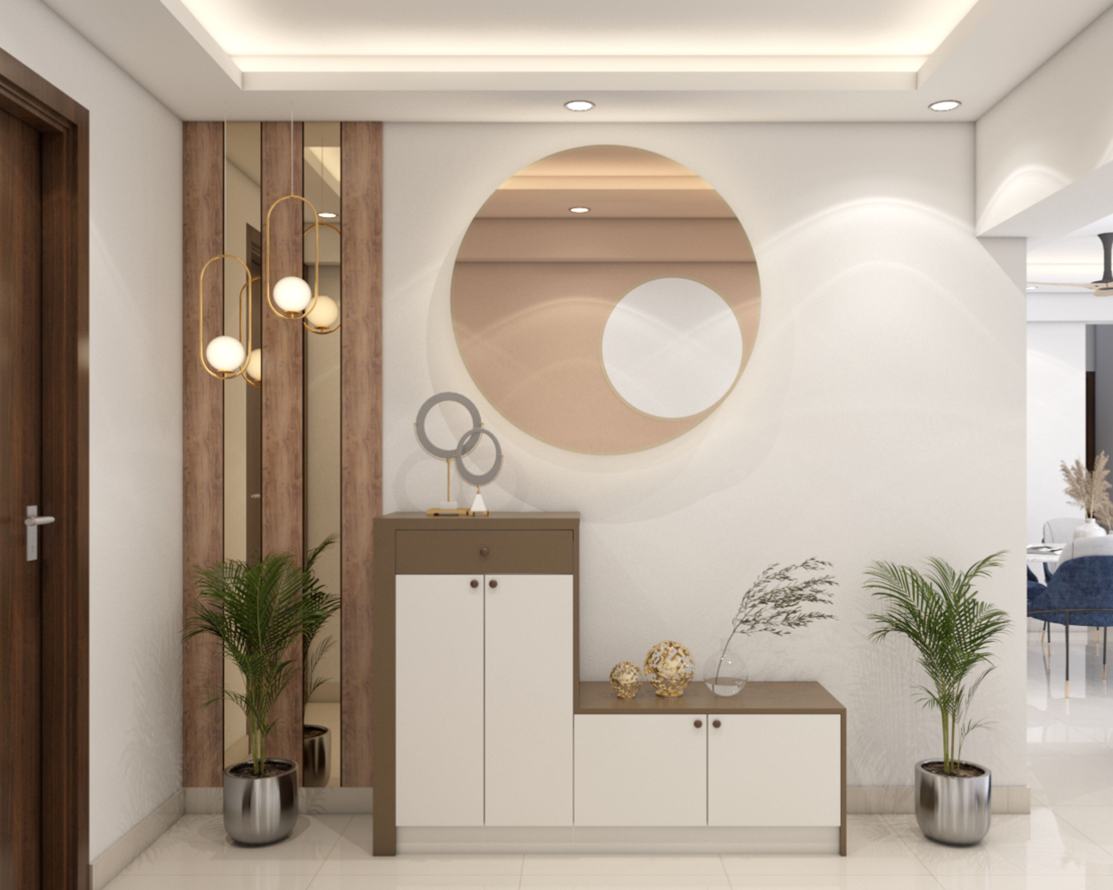 Contemporary Foyer Design With White And Brown Stepped Storage Unit