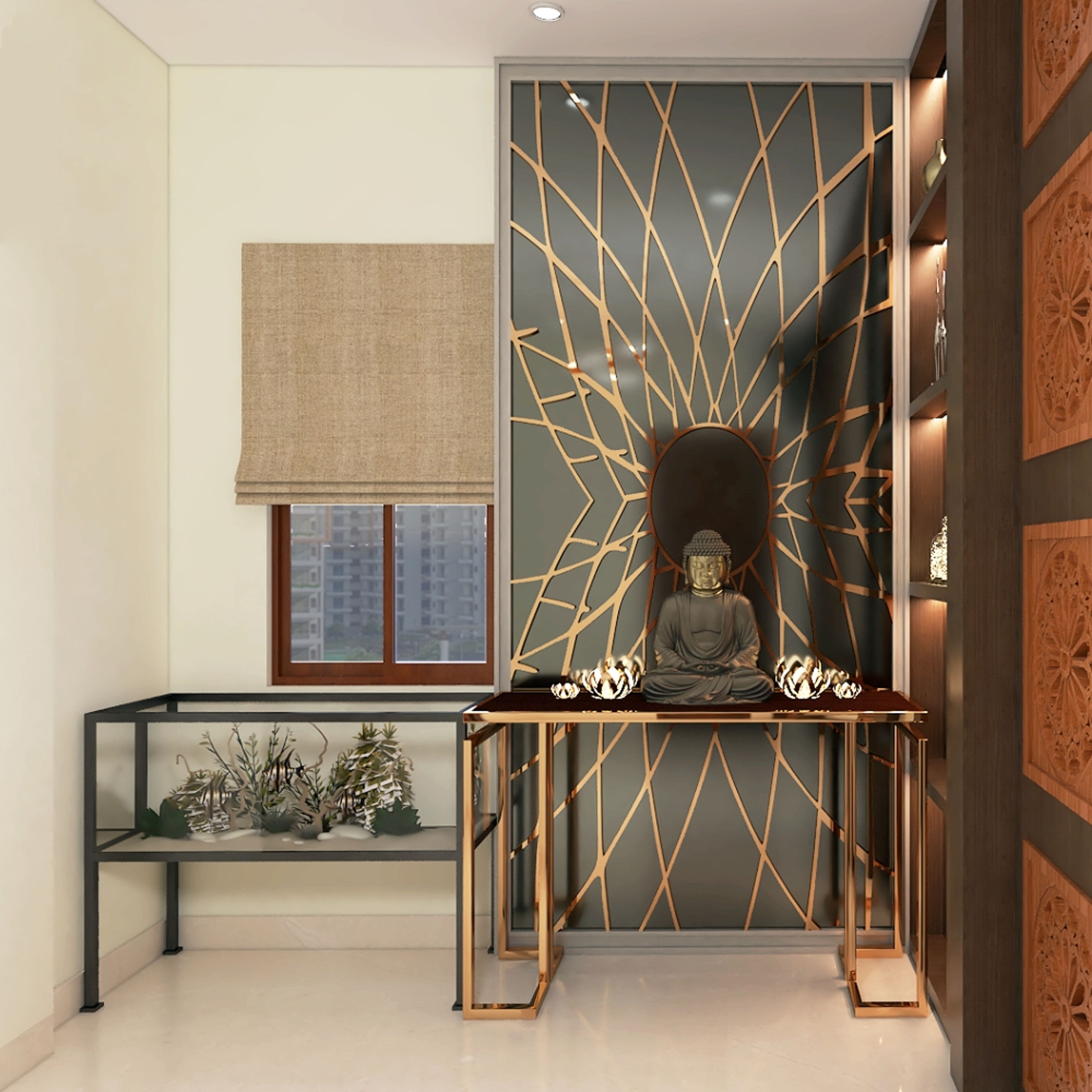 Contemporary Foyer Design With Dark Grey Wall Panel And Gold Floral Motif