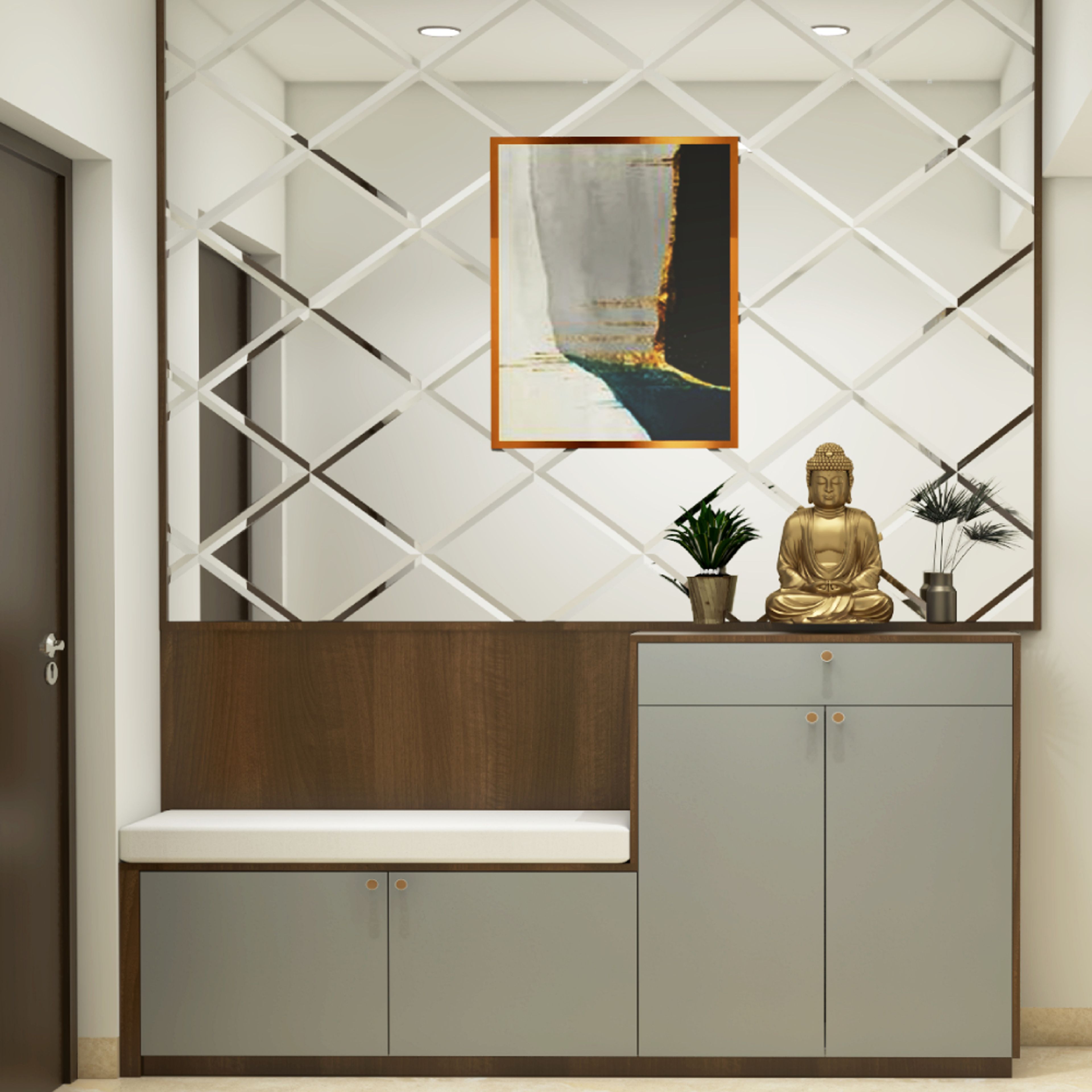 Compact Foyer Design With Dove Grey And Wooden Foyer Design With Bevelled Mirror Panel - Livspace