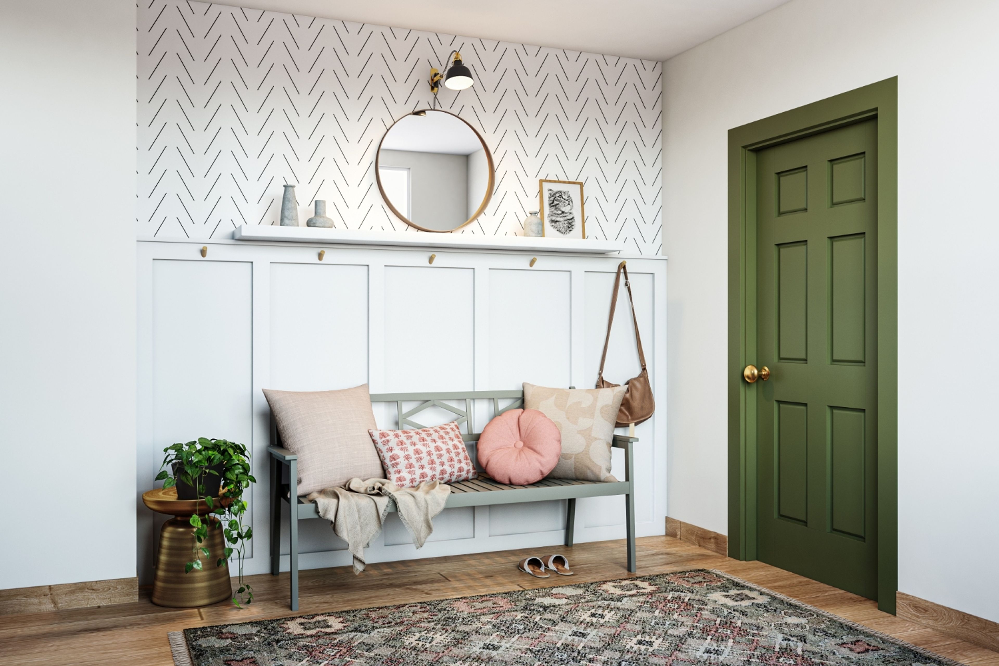 White Foyer Design With Long Grey Seater, A White Wall Ledge And A Patterned White Accent Wall - Livspace