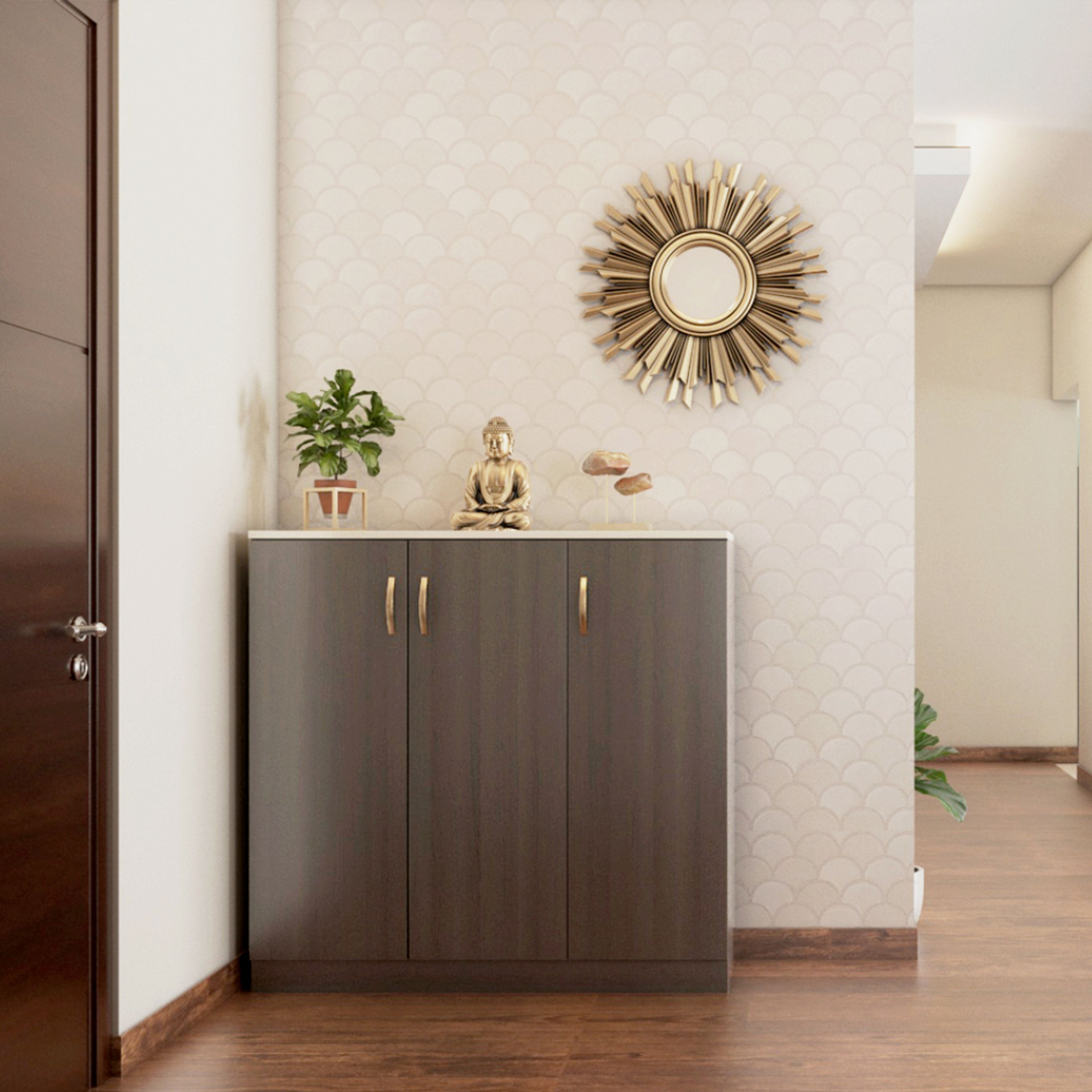 Contemporary Dark Wood And Beige Foyer Design With 3-Door Console Storage And Fish-Scale Inspired Wallpaper - Livspace