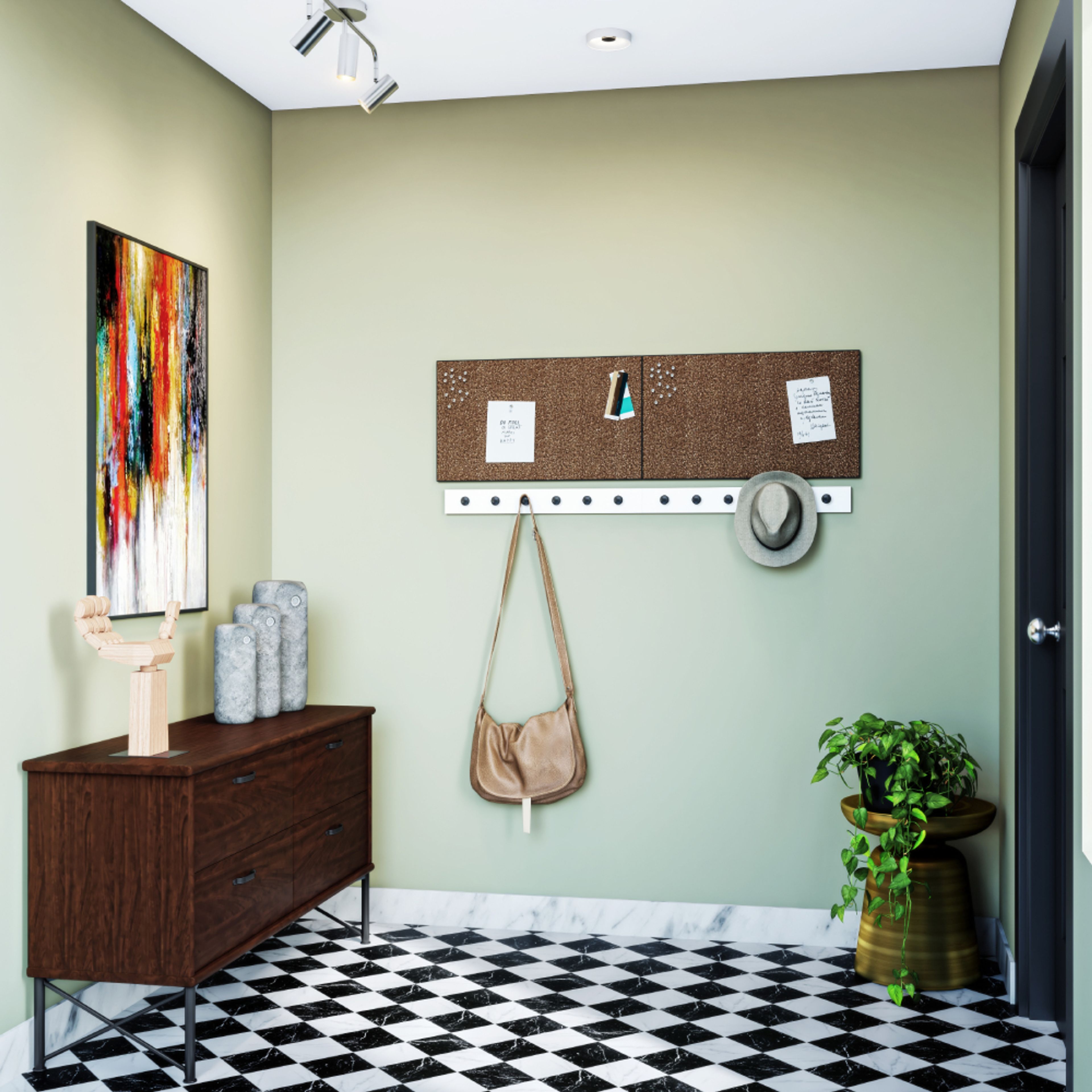 Foyer Design With Dark Wood Console Storage, White-Black Chequered Flooring And Light Green Accent Wall - Livspace