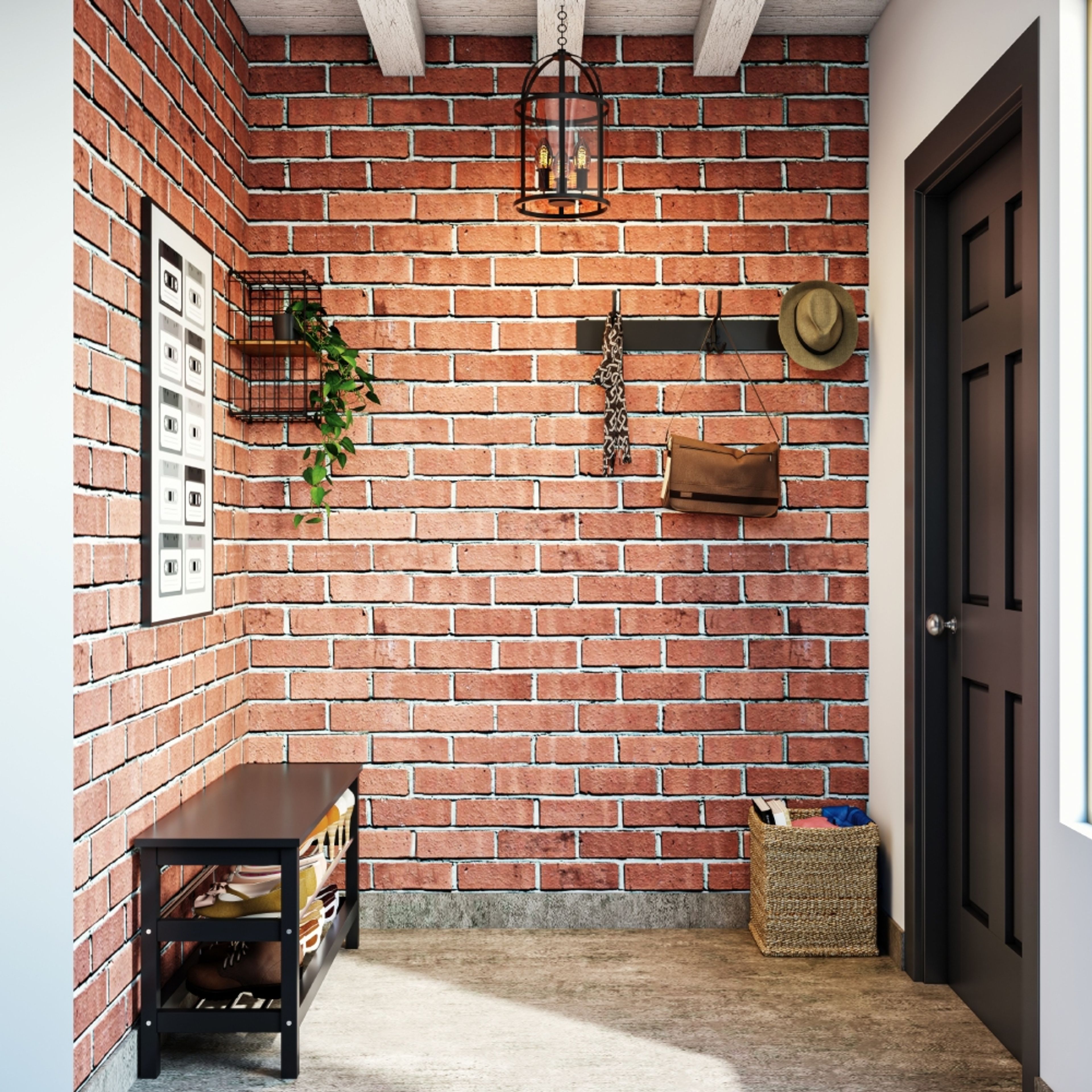 Industrial Red Brick Foyer Design With Wall Hooks, Dark Wood Seater And Jute Basket- Livspace