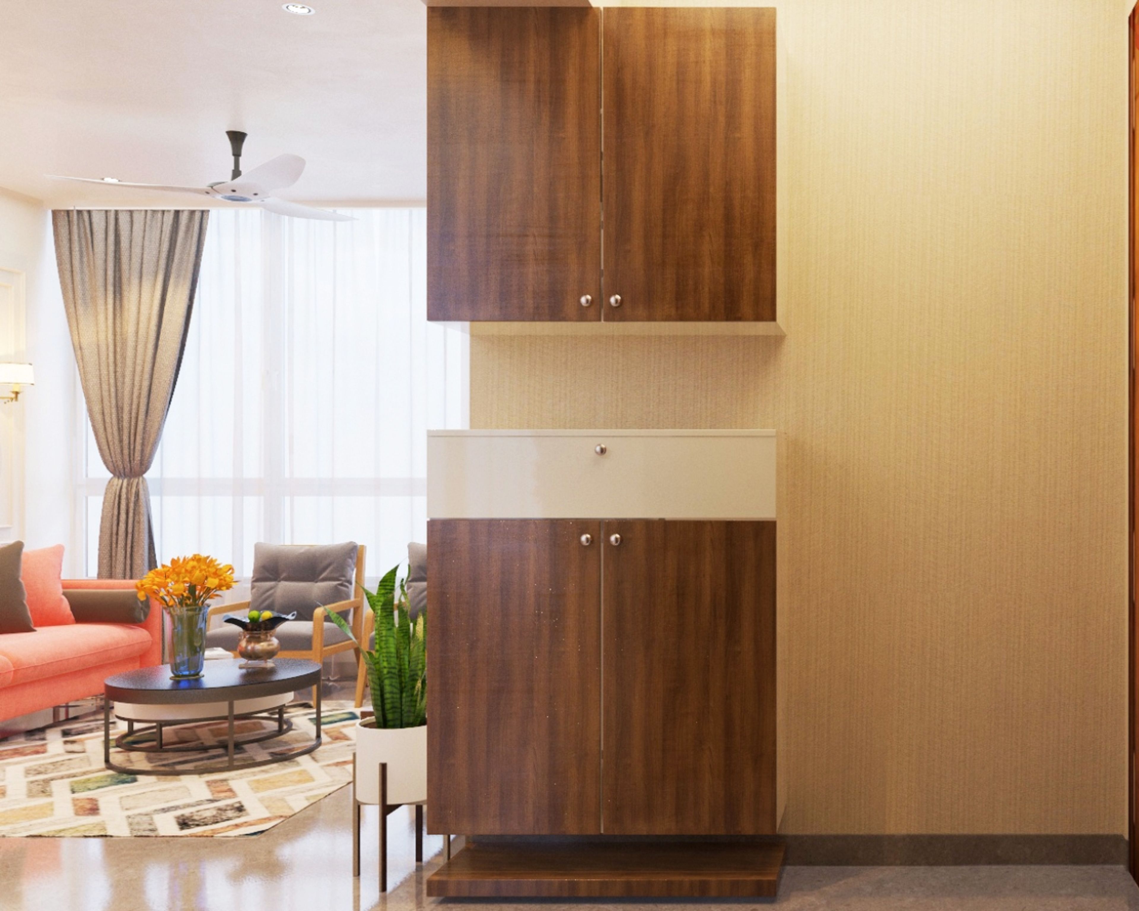 Modern Wood And White Foyer Design With Beige Textured Wallpaper