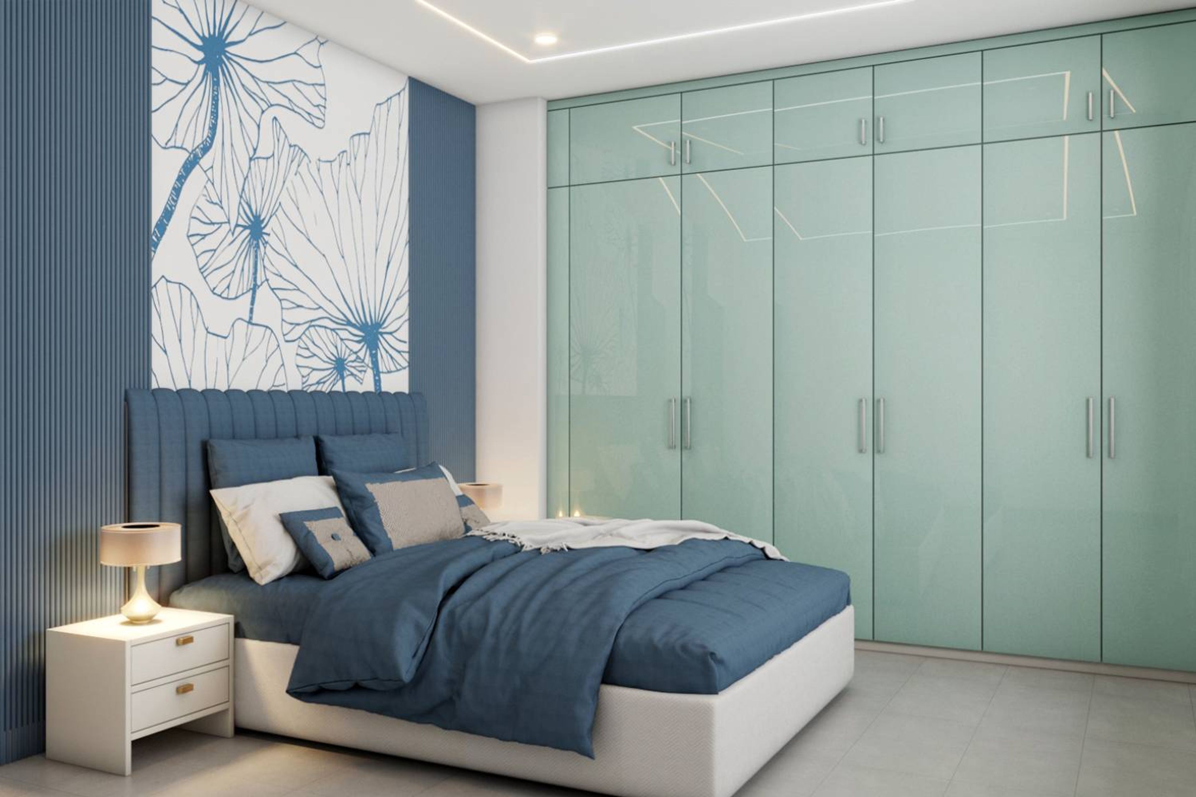 Spacious Blue And Green Glossy Guest Room Design With 6-Door Swing Wardrobe, Blue Tufted Bed, White Side Tables - Livspace
