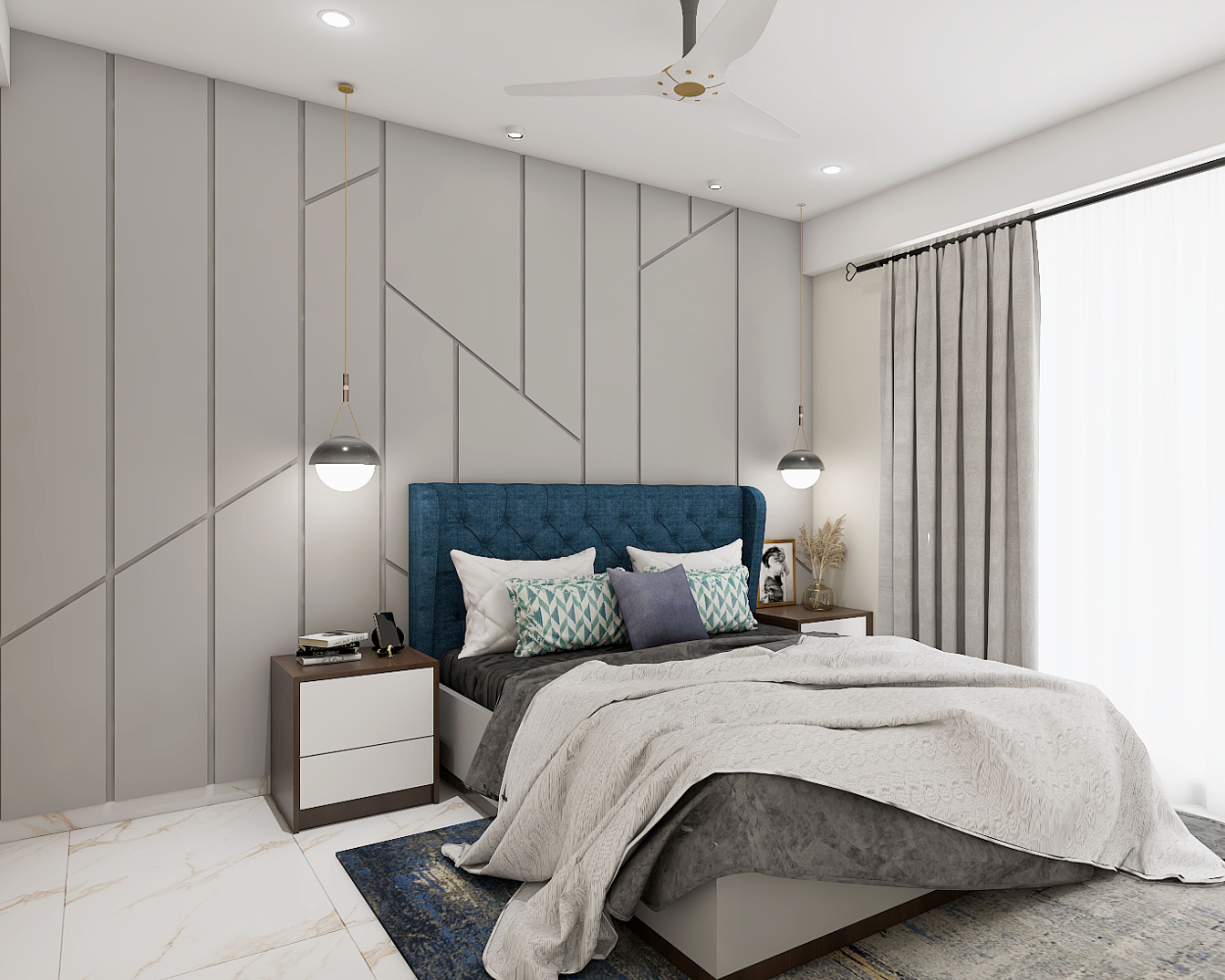 Light Grey Guest Bedroom Design With Queen Size Bed And Blue Headboard, White-Wood Side Tables And 3D Wall Panelling - Livspace