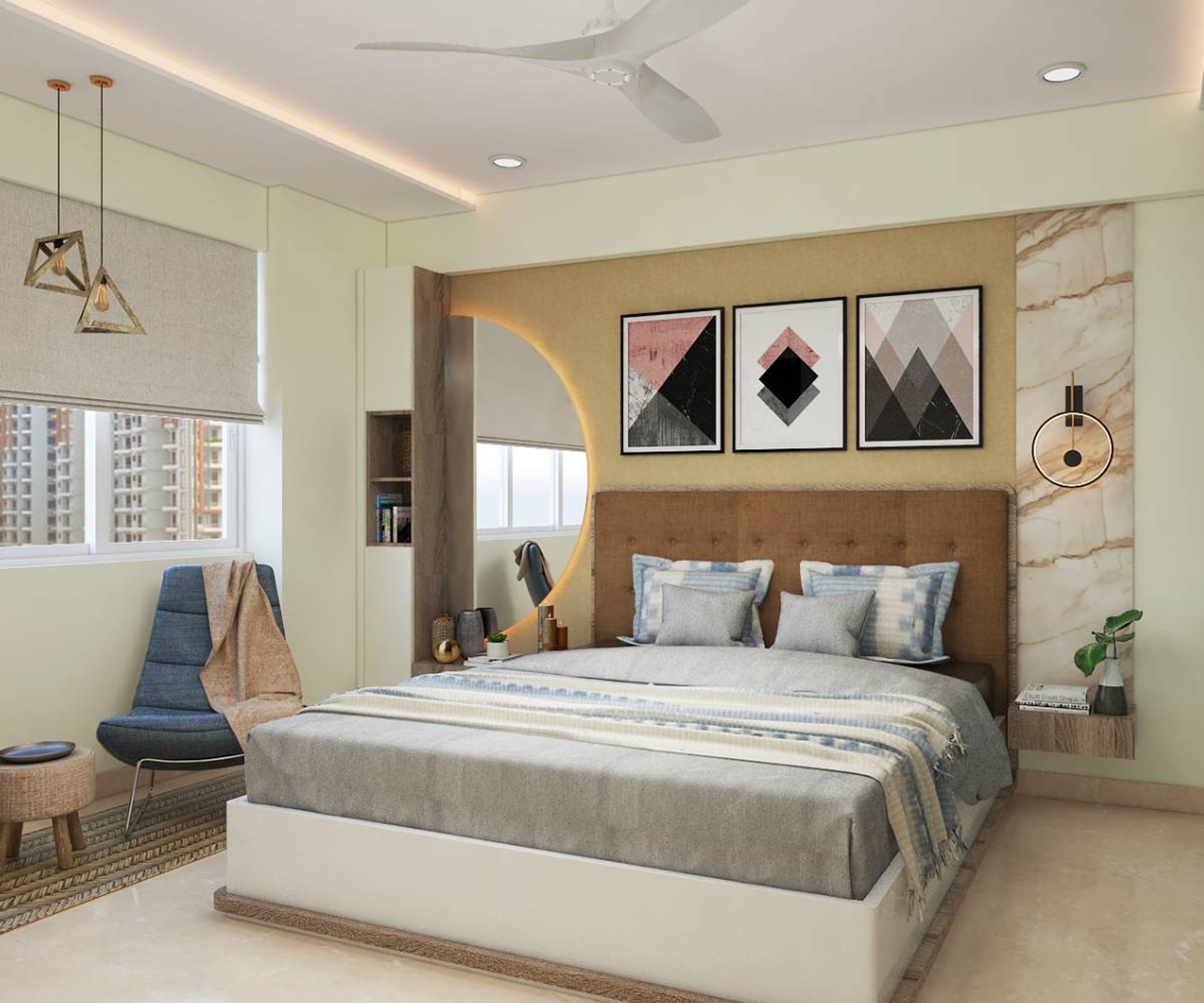 Guest Bedroom Design With Brown Bed, Wooden Wall-Mounted Side Tables, Blue Accent Chair And Dual-Toned Wall - Livspace