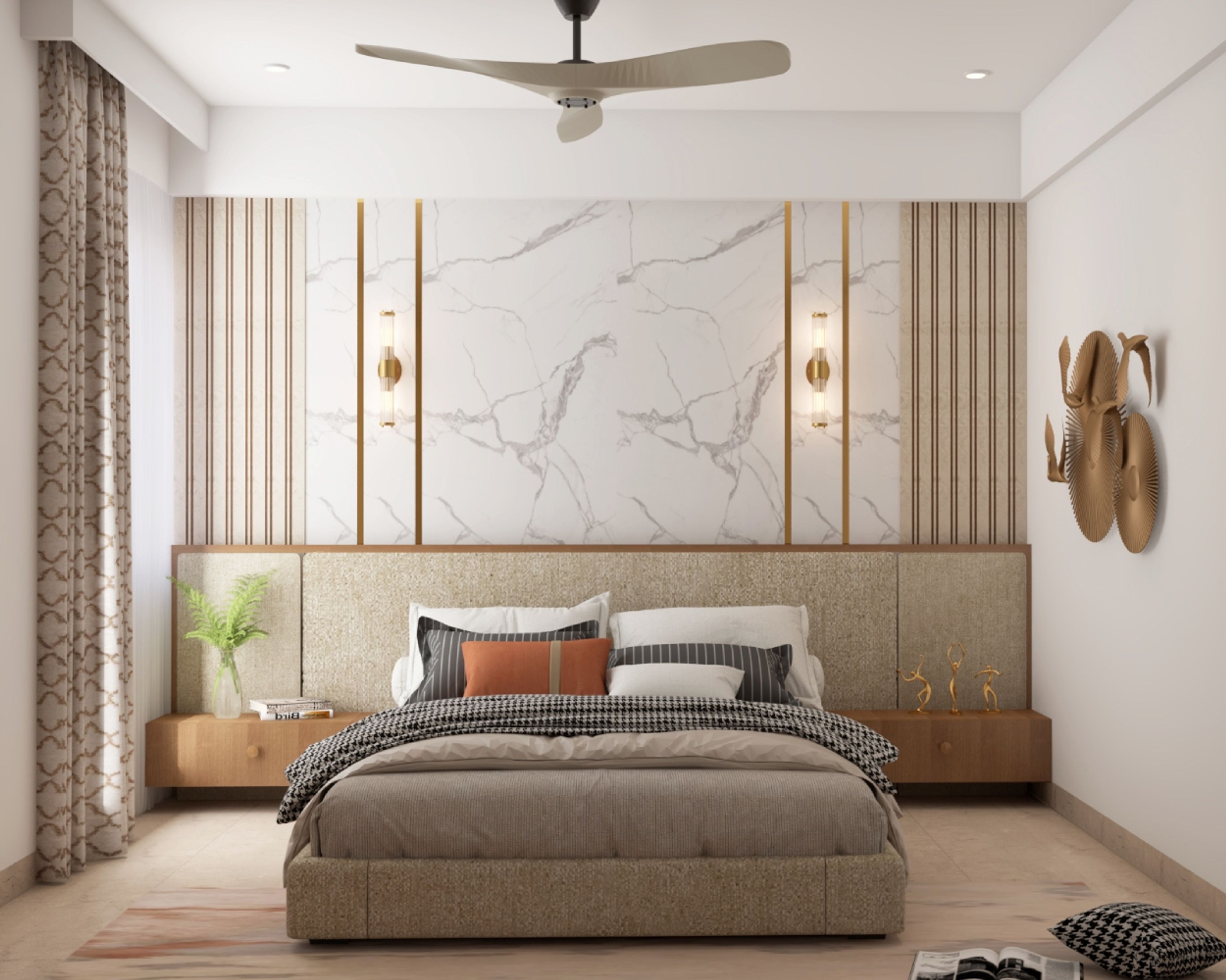 Guest Room Design With Grey Bed, Wooden Side Tables, White Marble Accent Wall And Gold Inlay Work - Livspace