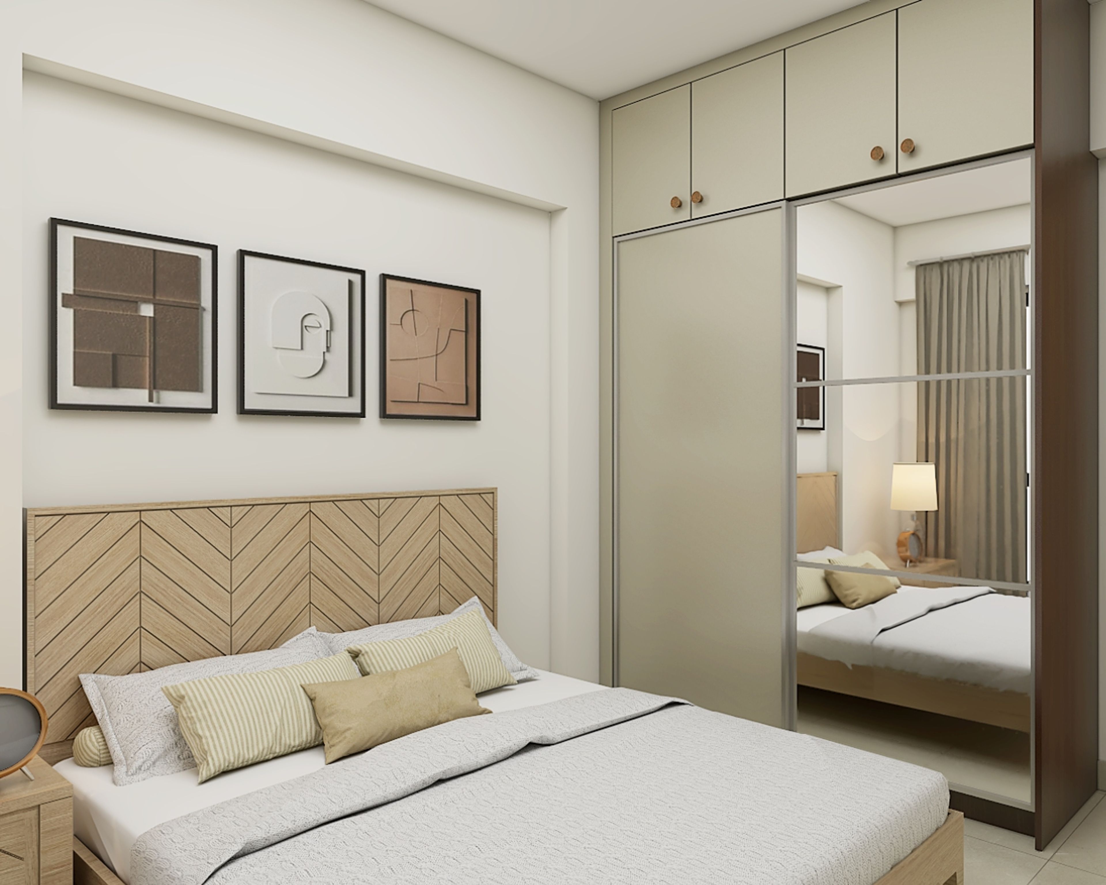 Guest Room With Wooden Queen Sized Bed, 2-Door Mirrored Sliding Wardrobe With Loft Storage And Wooden Side Table - Livspace