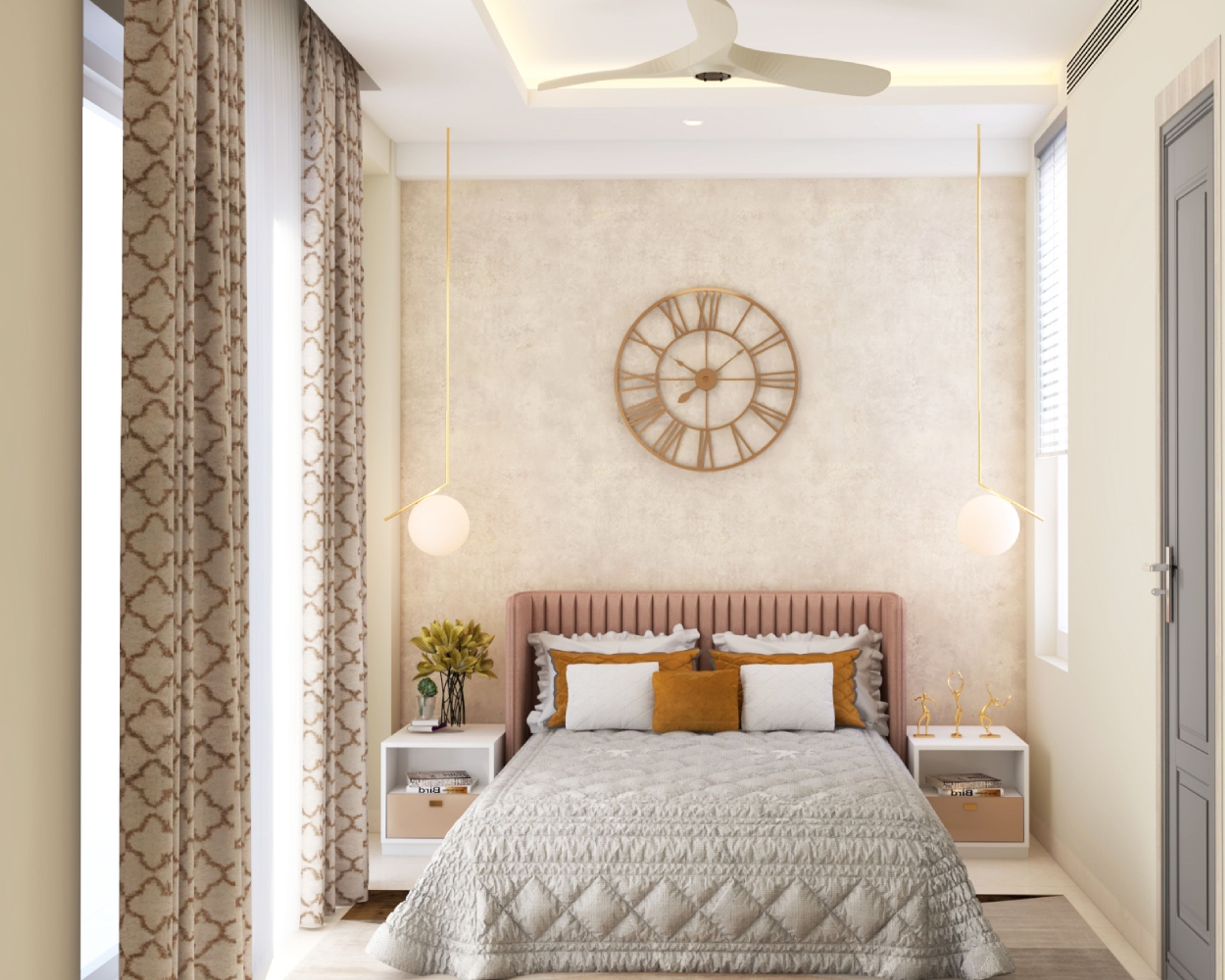 Compact Guest Room Design With Beige Textured Wallpaper, White Open Side Tables And Drop Down Lights - Livspace