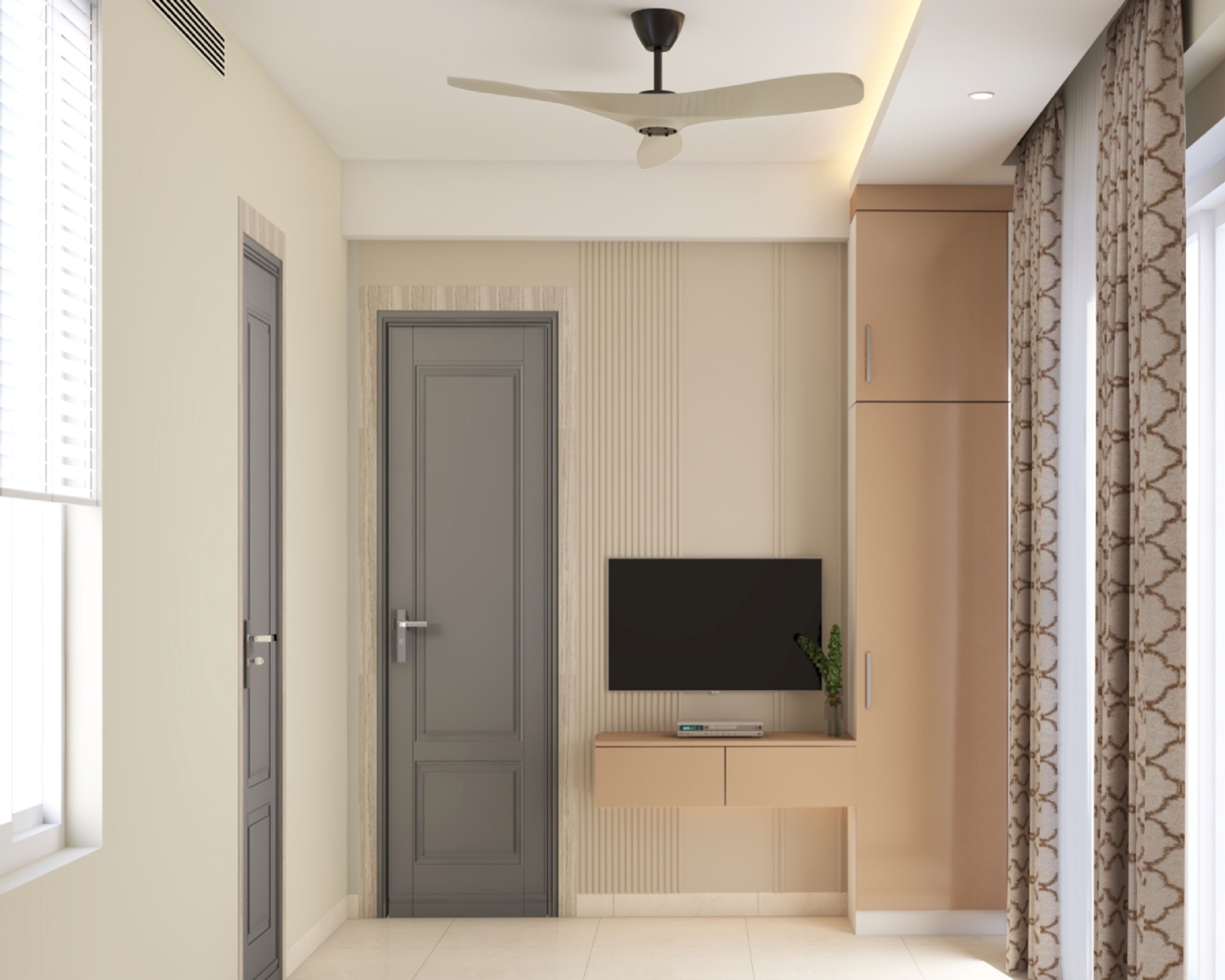 Peach-Toned Storage Unit Integrated With Wall-Mounted TV Console And Beige Accent Wall With Panels - Livspace