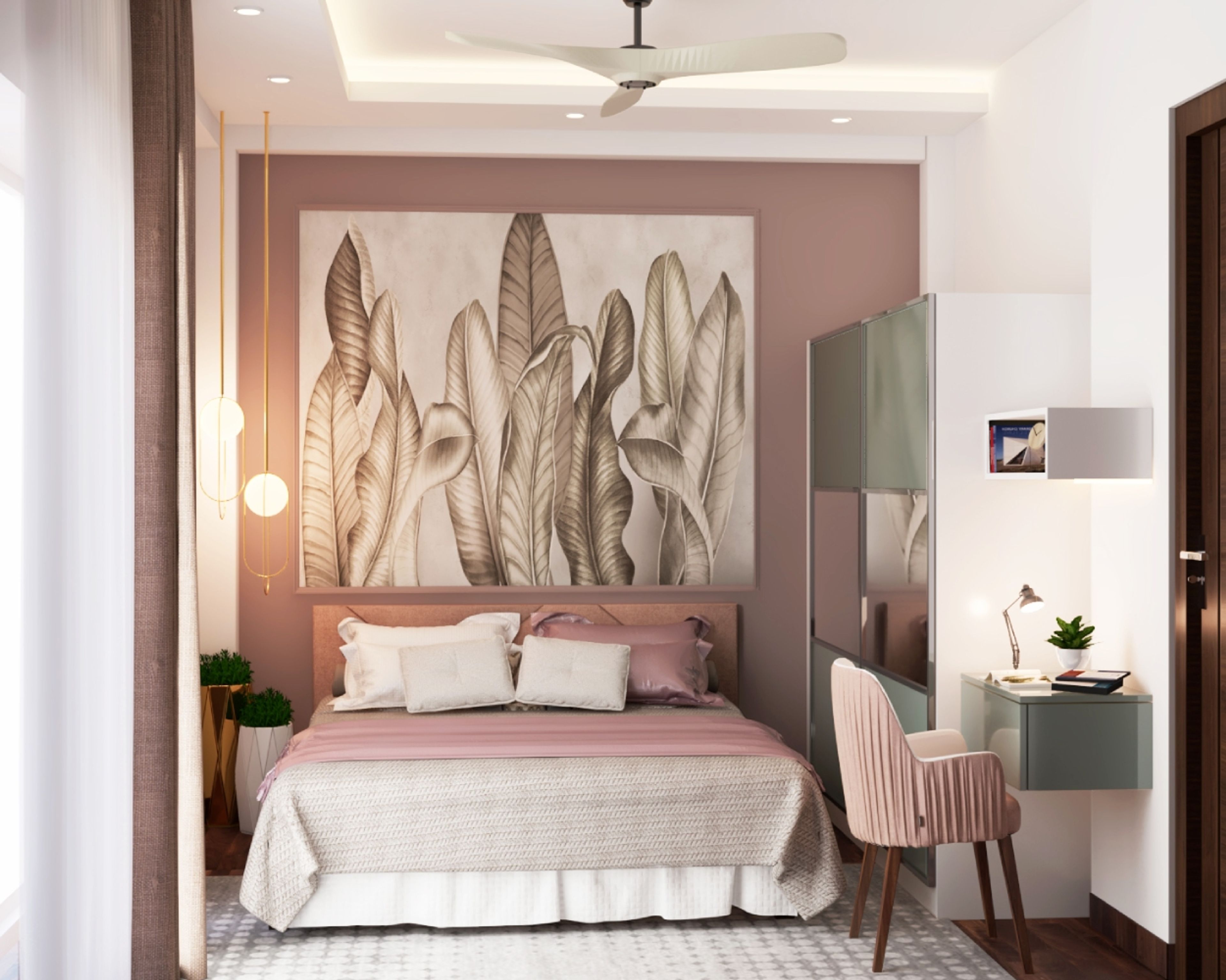Spacious Guest Room Design With Brown Bed, 2-Door Green Mirrored Sliding Wardrobe, Wall-Mounted Study Table With Pink Chair And L-Shaped False Ceiling - Livspace