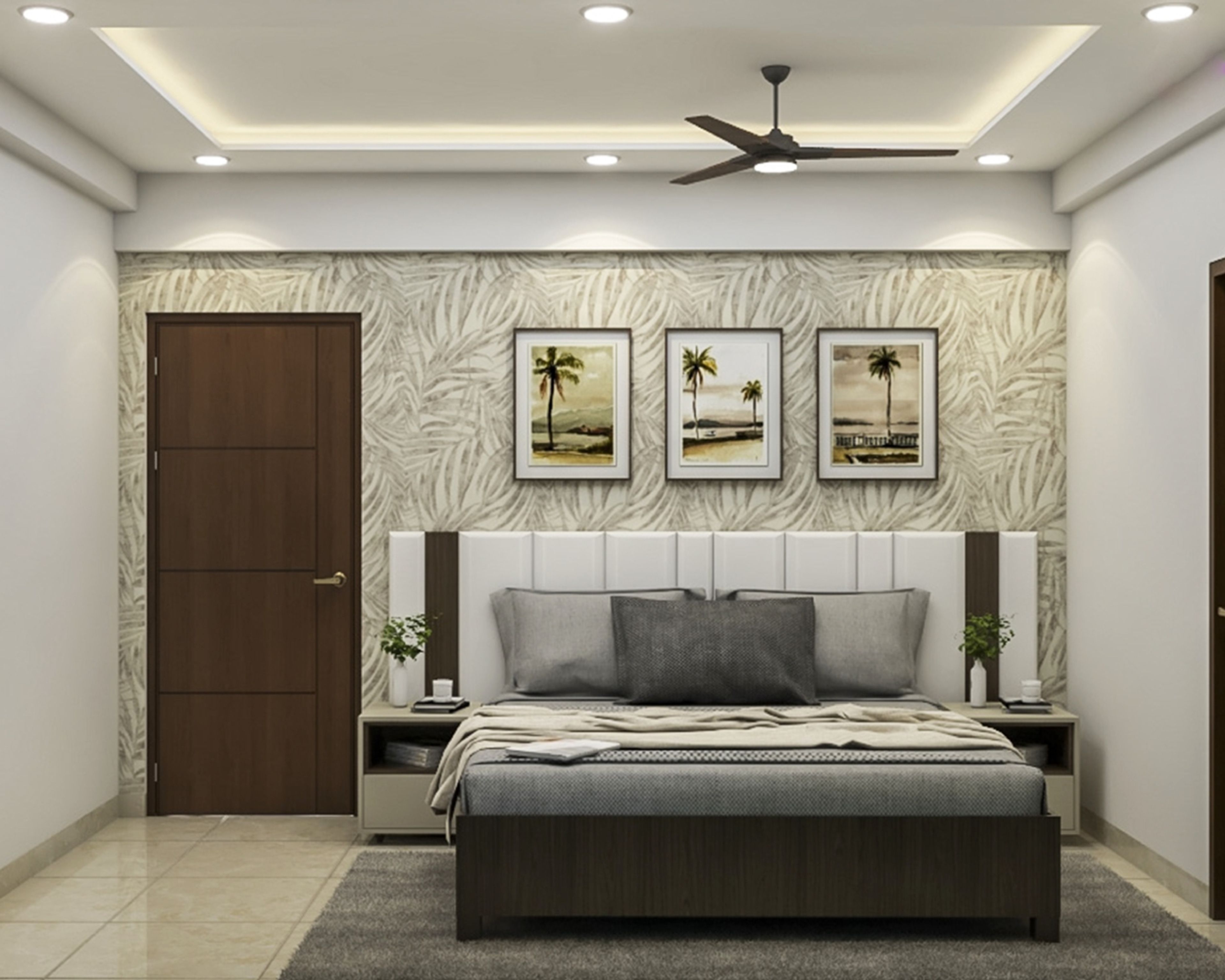 Modern Guest Bedroom Design With Brown And Beige Leafy Wallpaper - Livspace