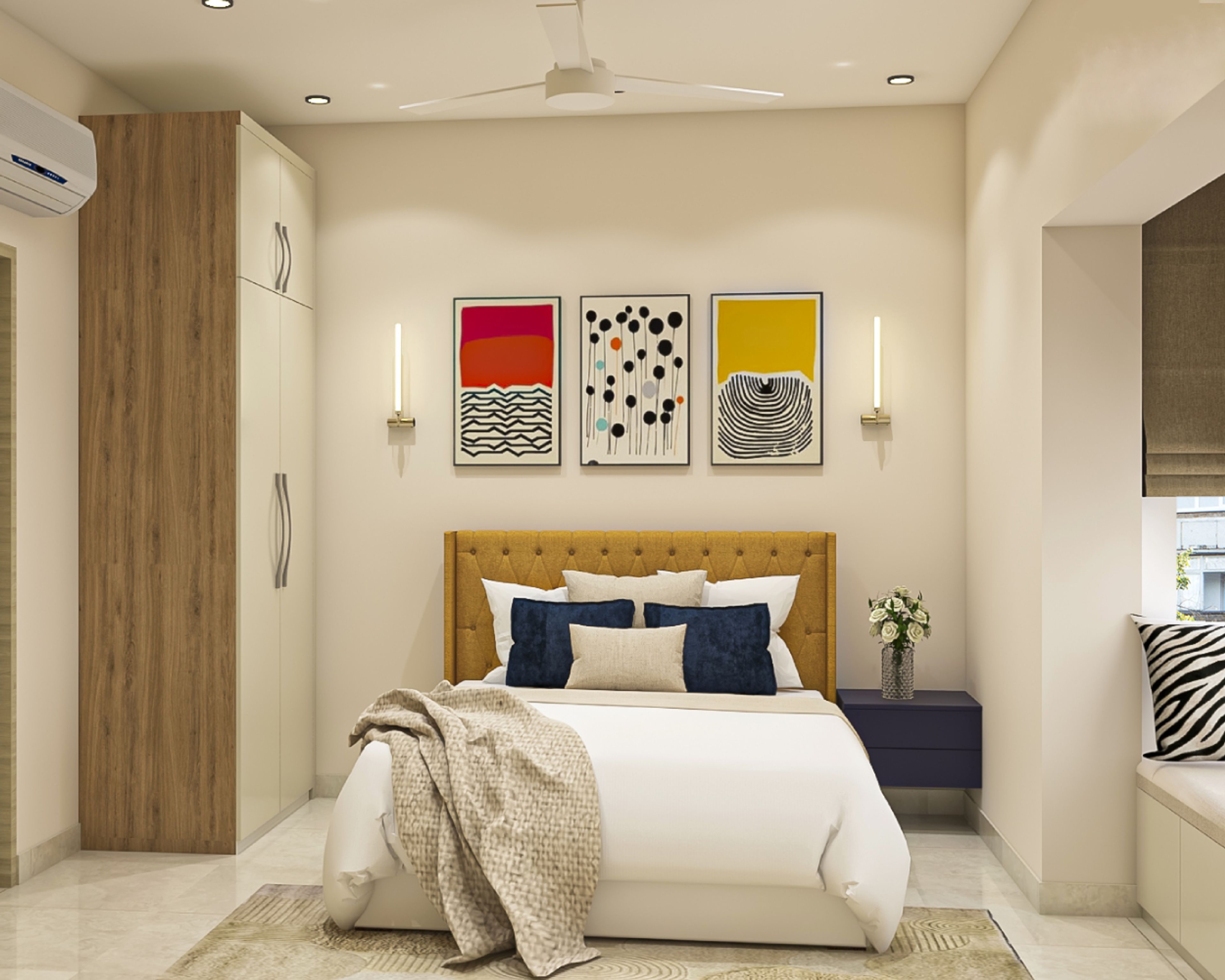 Modern Guest Bedroom Design With Mustard Yellow Headboard, 2-Door Swing Wardrobe In Wood And White And A Window Seater Unit - Livspace