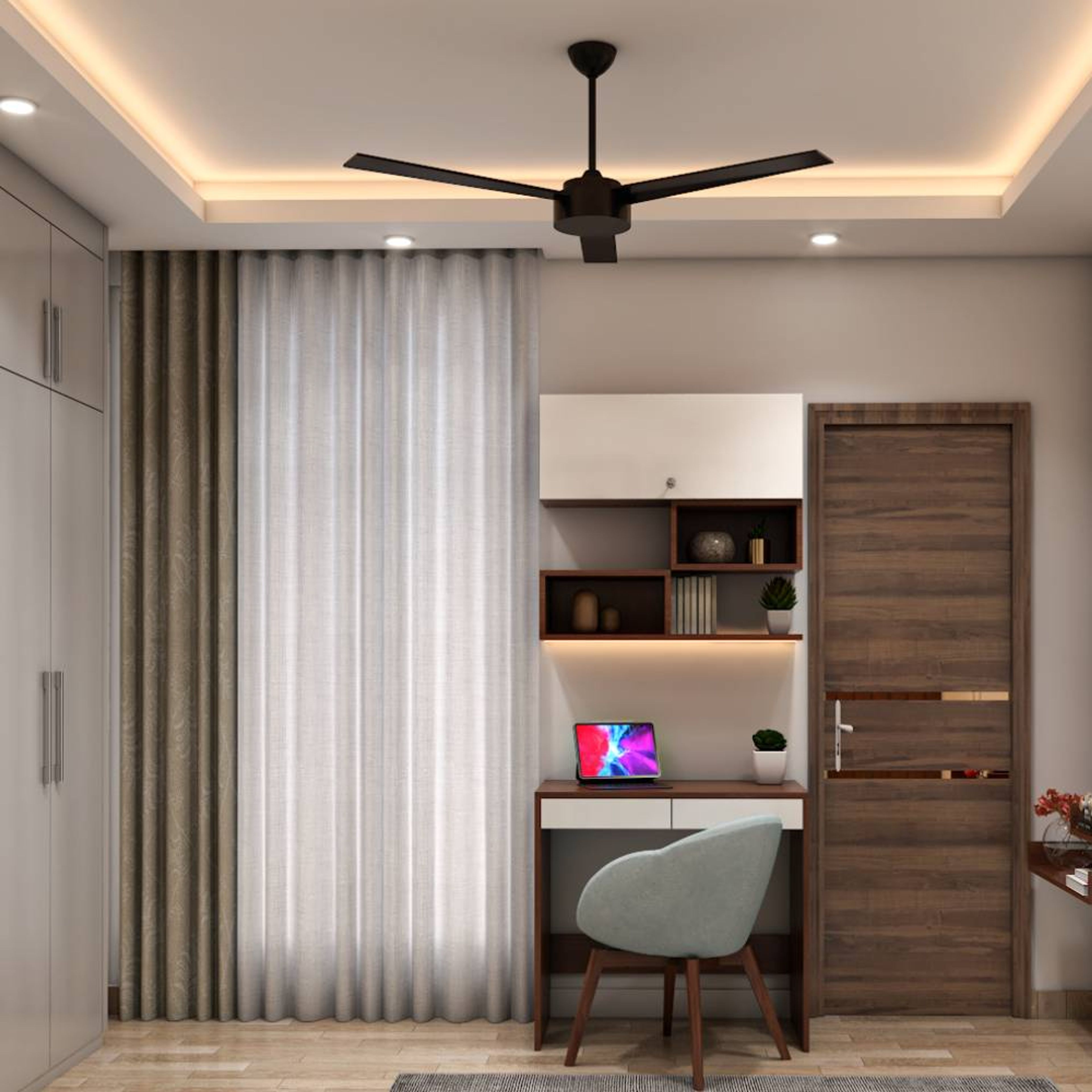 Compact White And Wood Home Office Design With Light Grey Accent Chair - Livspace