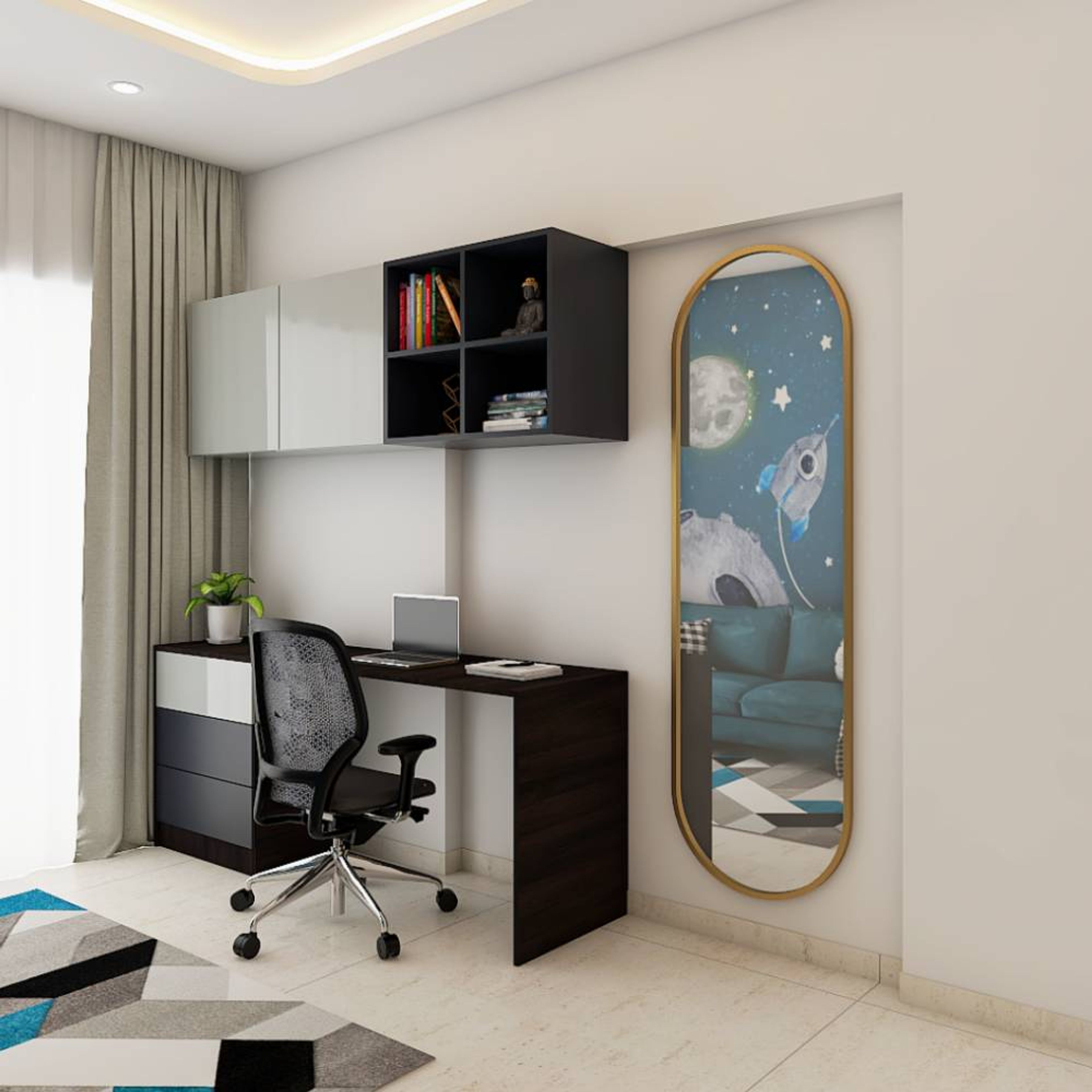 Steel And Slate Home Office Design With Swivel Chair, Open And Closed Storage - Livspace