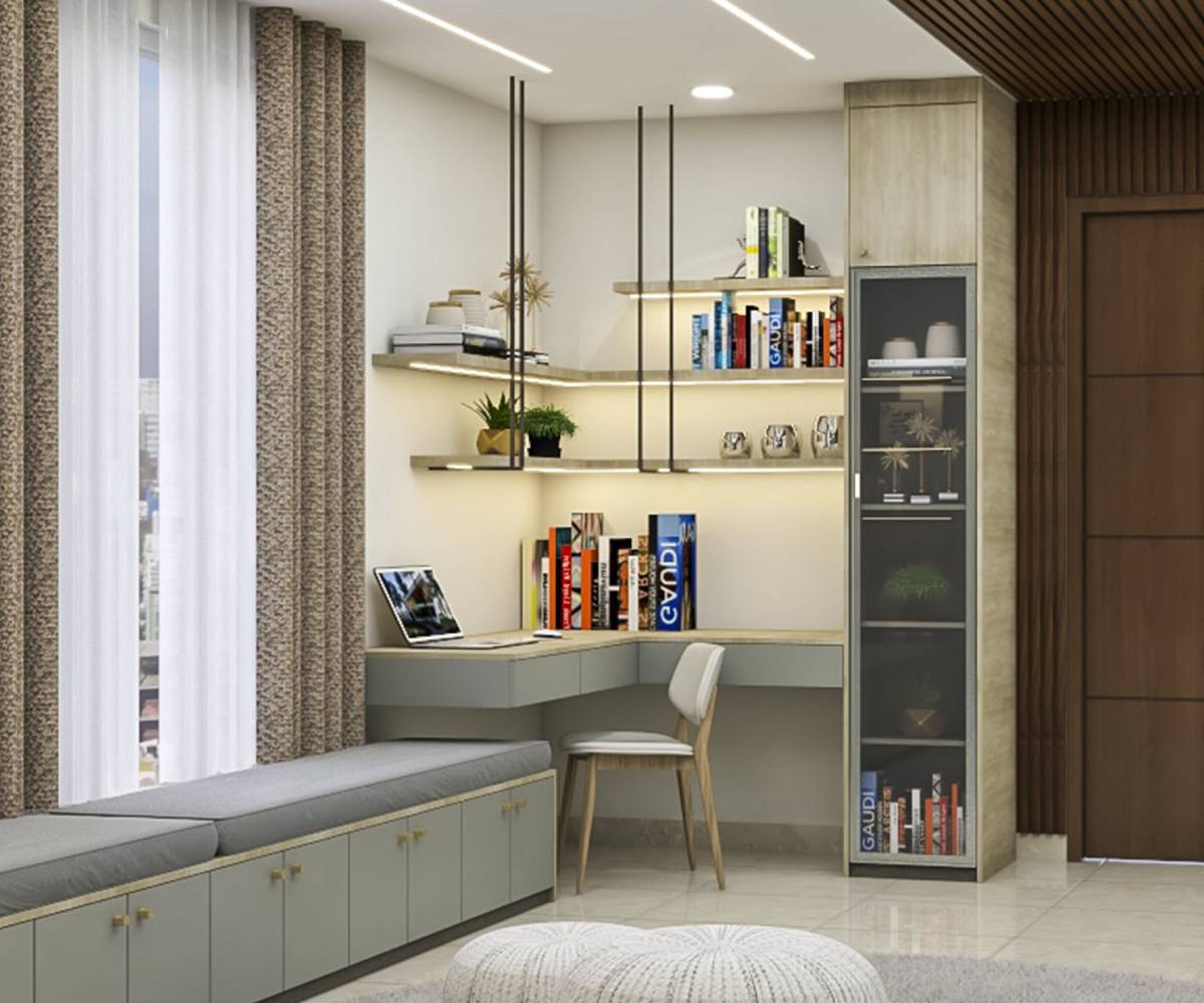 L-Shaped Brightly Lit Home Office Design In Grey And Wood With Tall, Transparent Storage Unit And Under-Shelf Lighting - Livspace