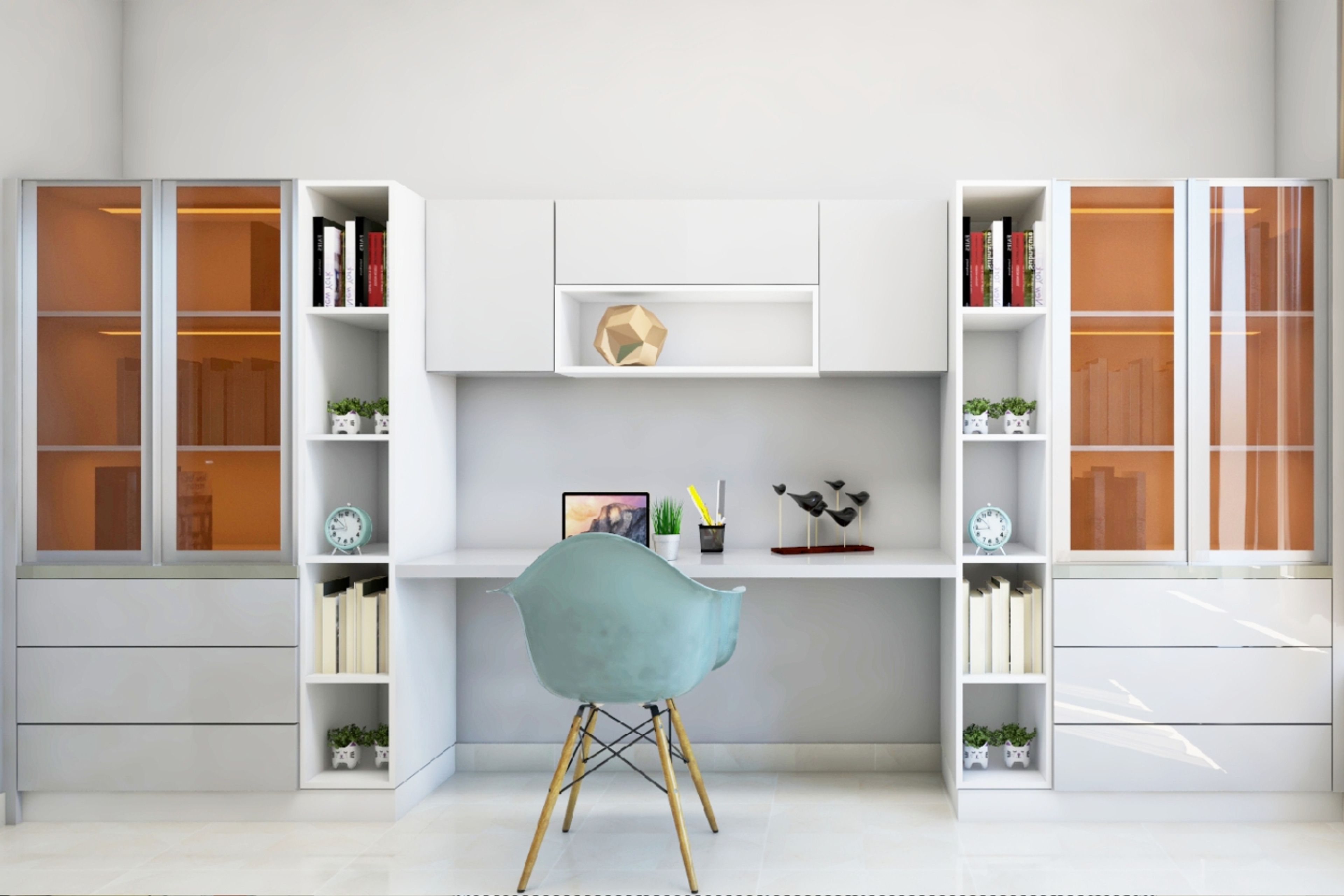 Modern Spacious White Home Office Design With Open And Closed Storage Units