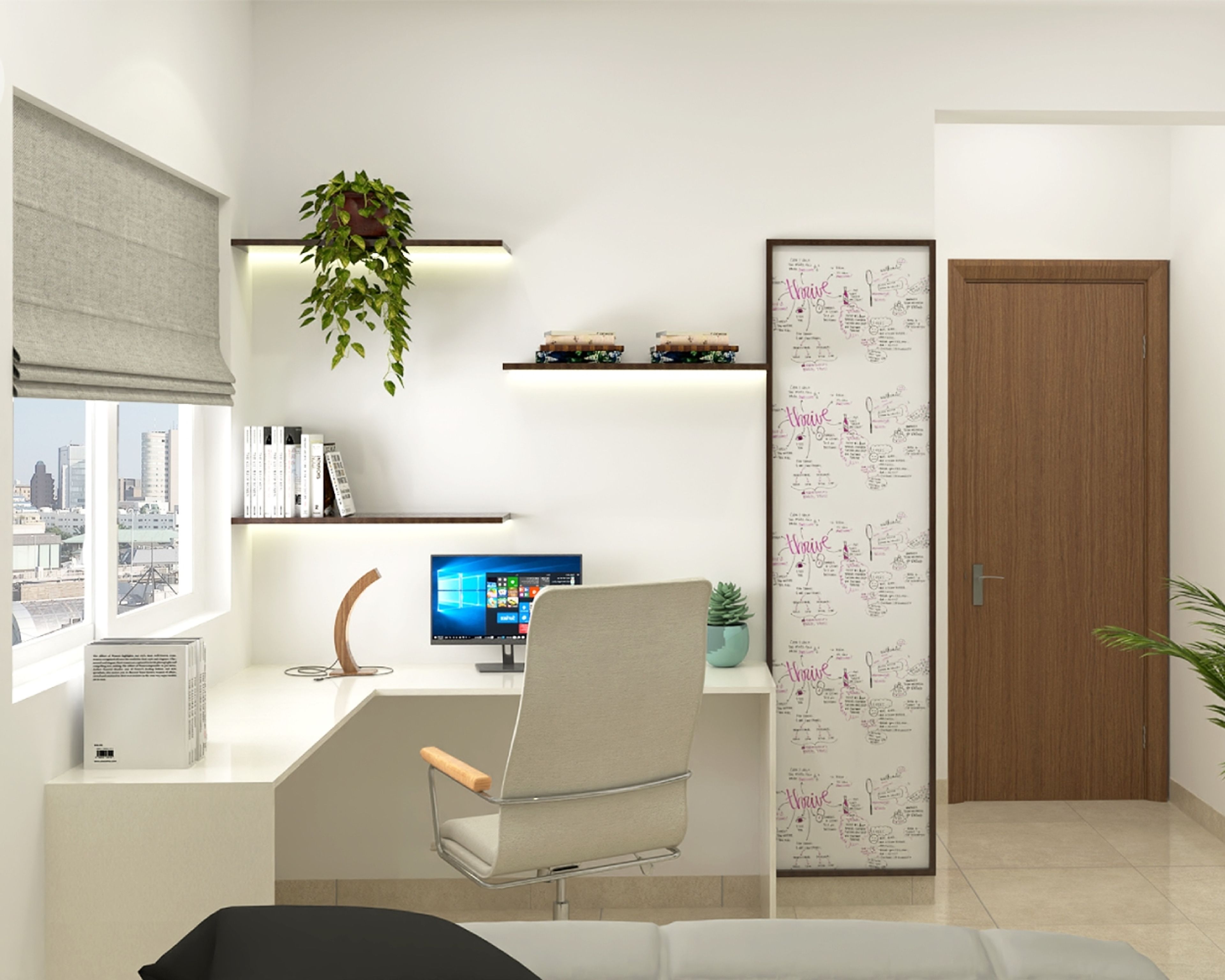 Minimal White And Wood L-Shaped Home Office Design With Wall-Mounted Wooden Shelves