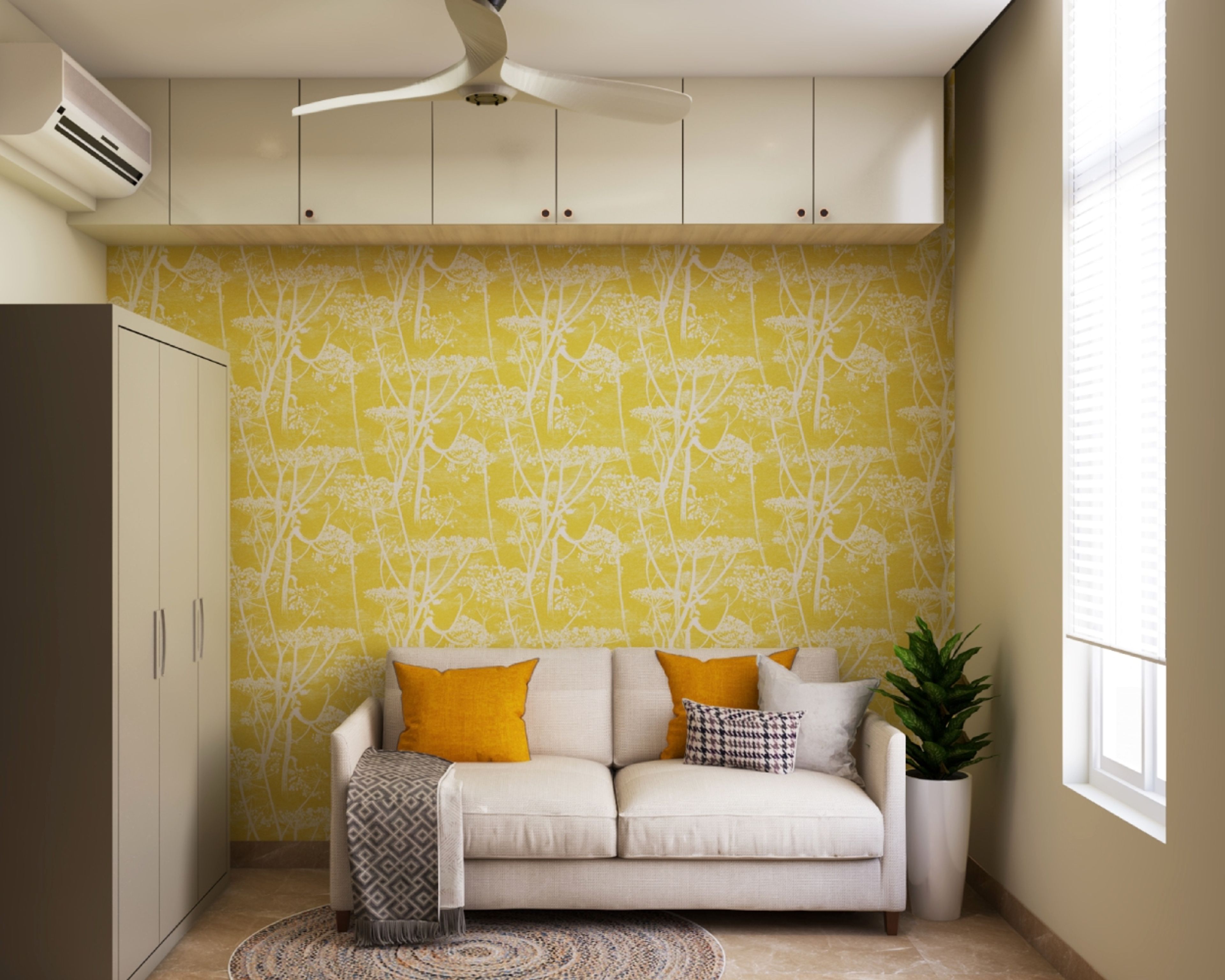 Home Office With Yellow Tropical Wallpaper With 2-Seater Off-White Sofa - Livspace