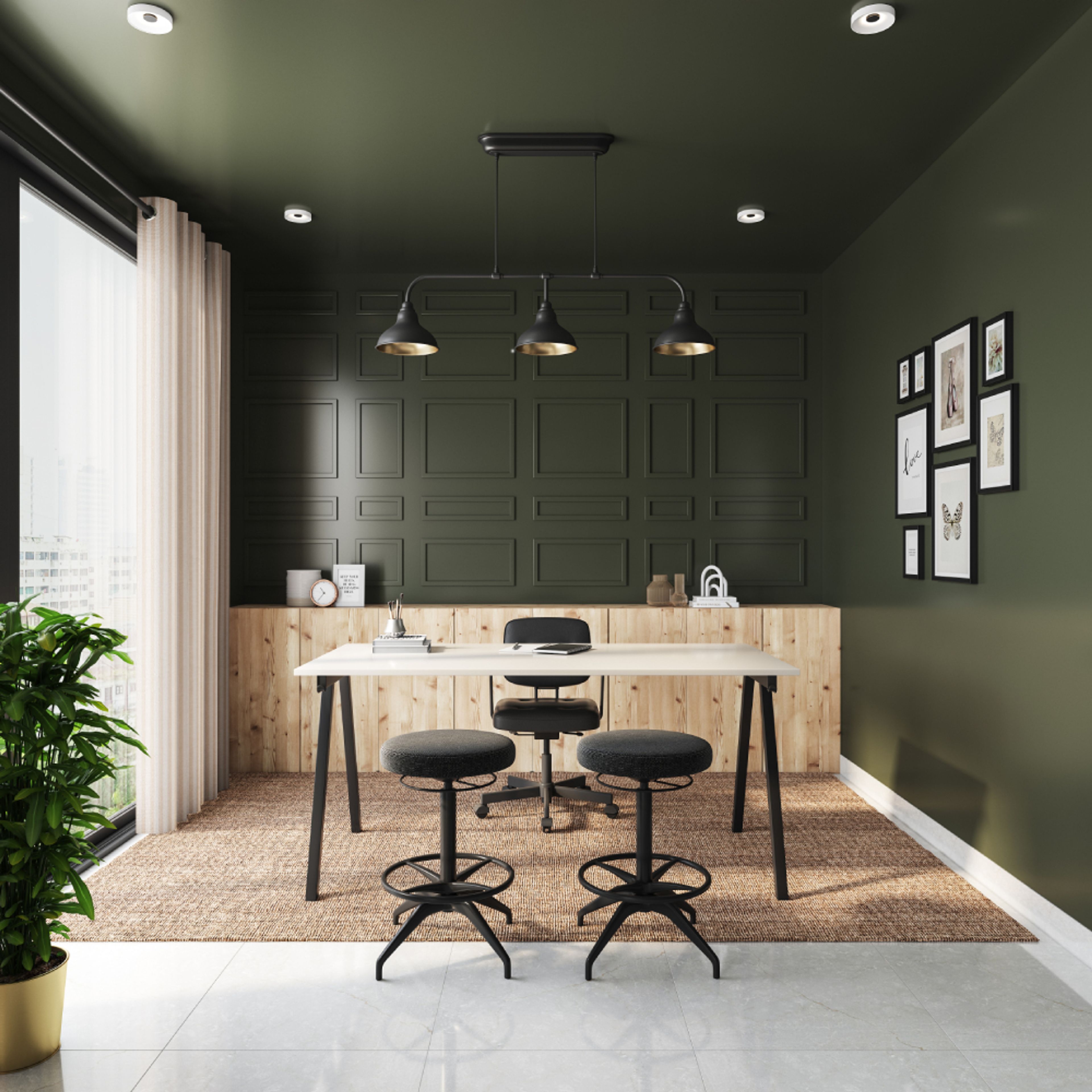 Farmhouse Home Office Design With Light Wood Storage Cabinet And Dark Green Accent Walls